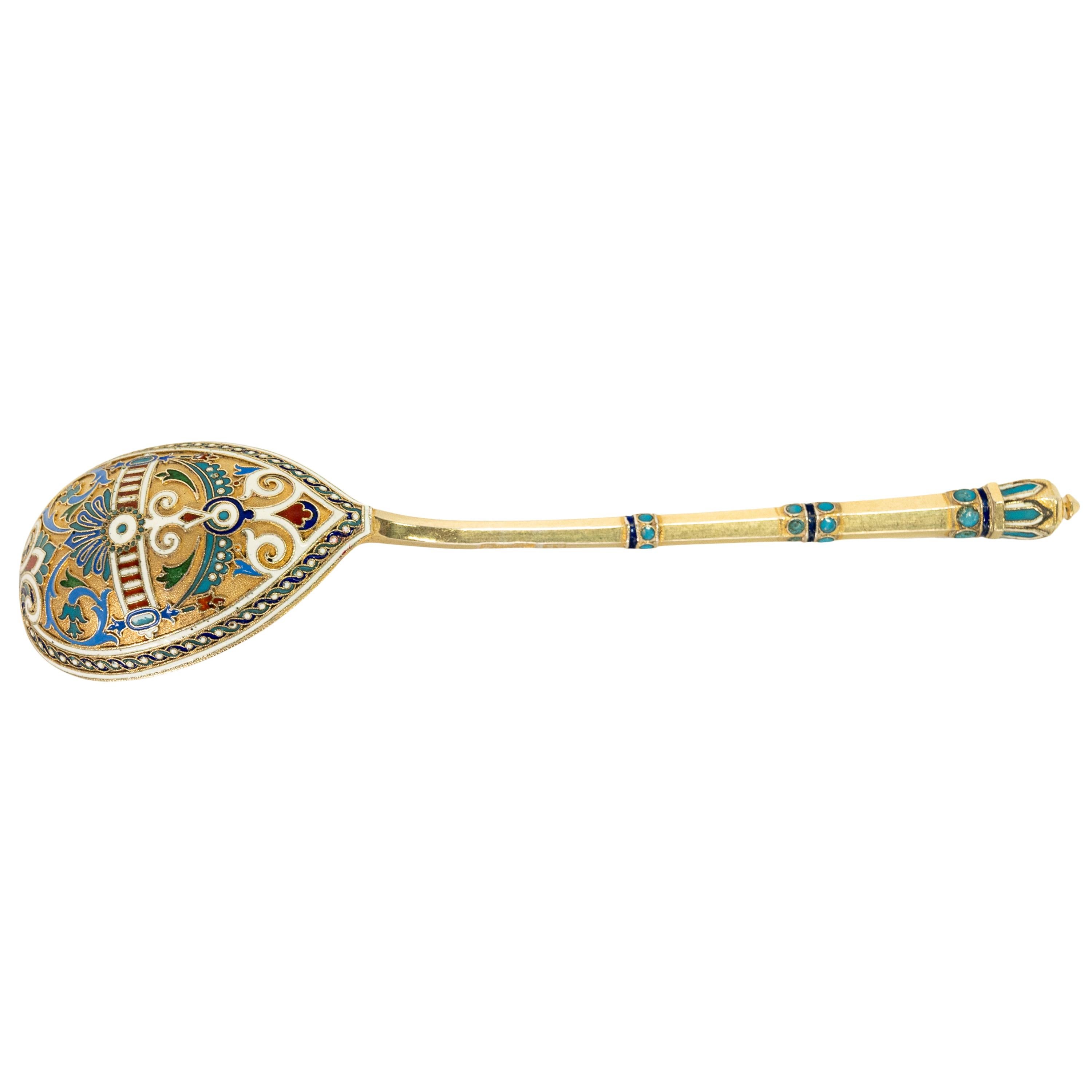 Antiker großer kaiserlicher russischer Cloisonné-Löffel aus Silber, Alexi Kitovsky Moskau 1886 (Viktorianisch) im Angebot