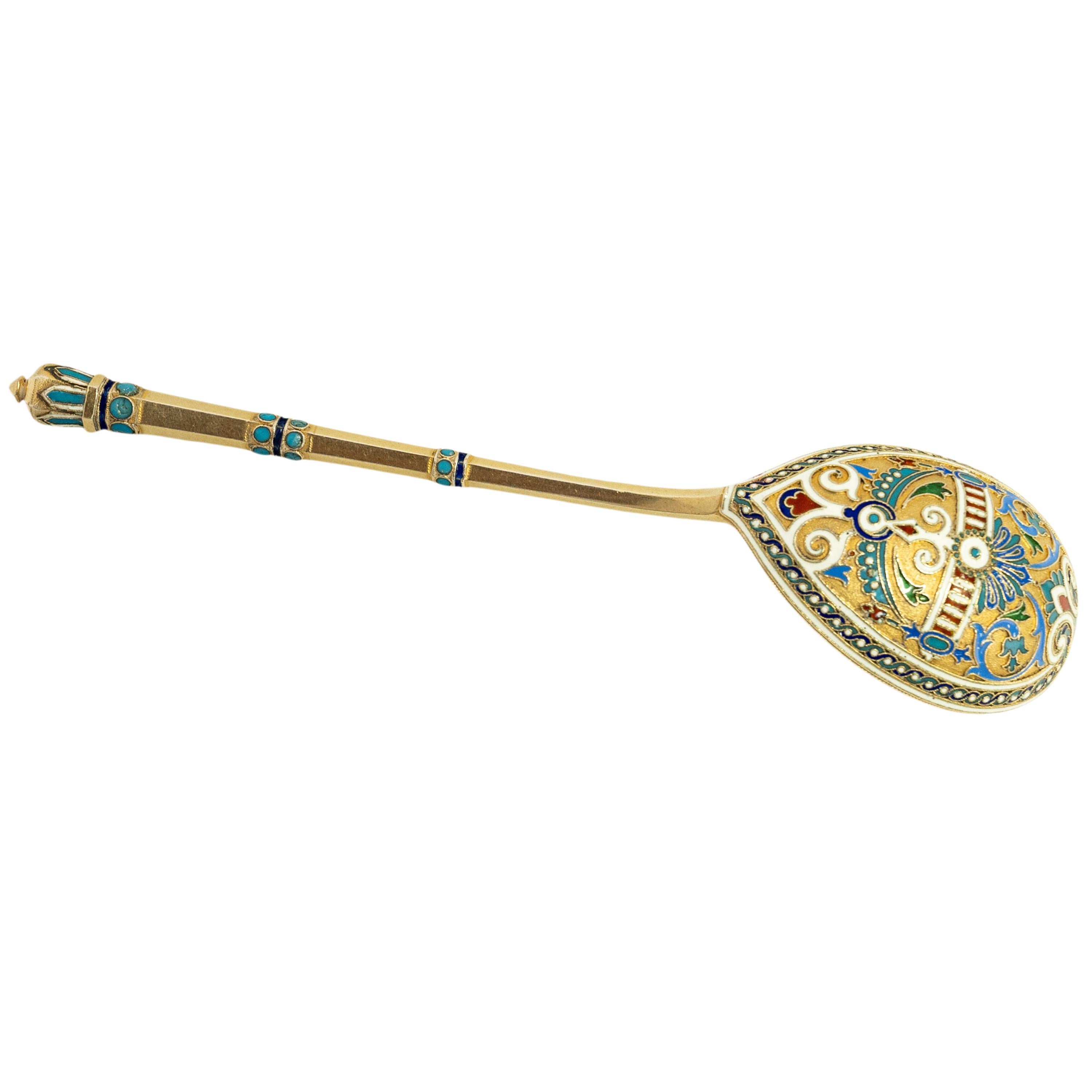 Antiker großer kaiserlicher russischer Cloisonné-Löffel aus Silber, Alexi Kitovsky Moskau 1886 im Zustand „Gut“ im Angebot in Portland, OR