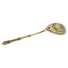 Antique Large Silver Imperial Russian Cloisonne Spoon Alexi Kitovsky Moscow 1886