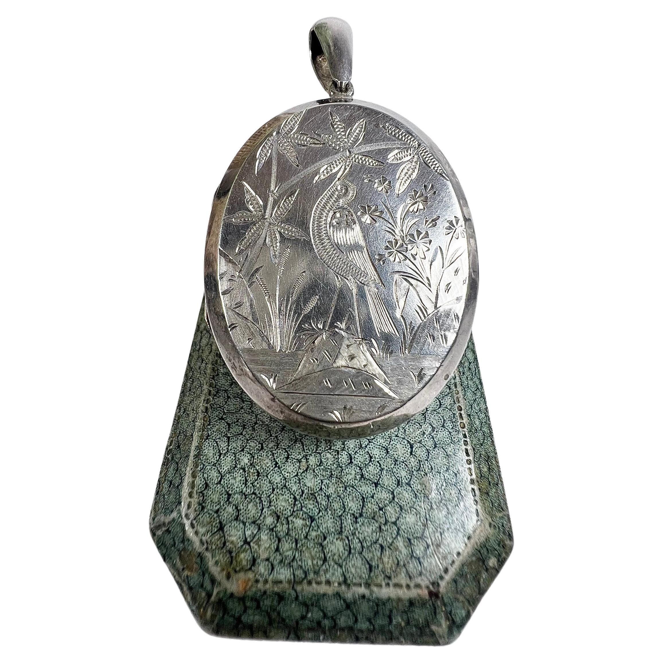Antique Large Silver Victorian Floral Bird Locket For Sale