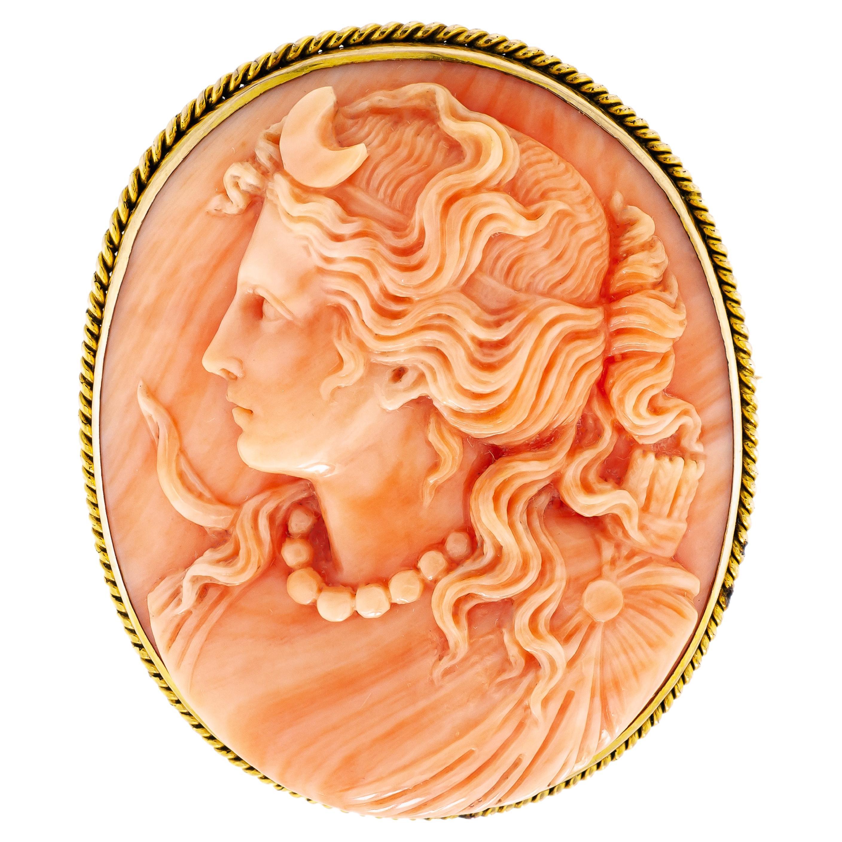 Antique Large Size Coral Cameo of the Goddess Diana in Profile Mounted in Yellow For Sale