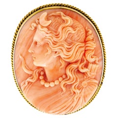 Used Large Size Coral Cameo of the Goddess Diana in Profile Mounted in Yellow