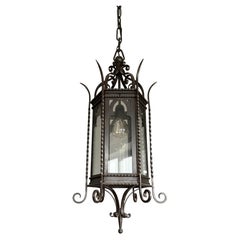 Antique & Large Size Gothic Revival Wrought Iron & Transparent Glass Lantern