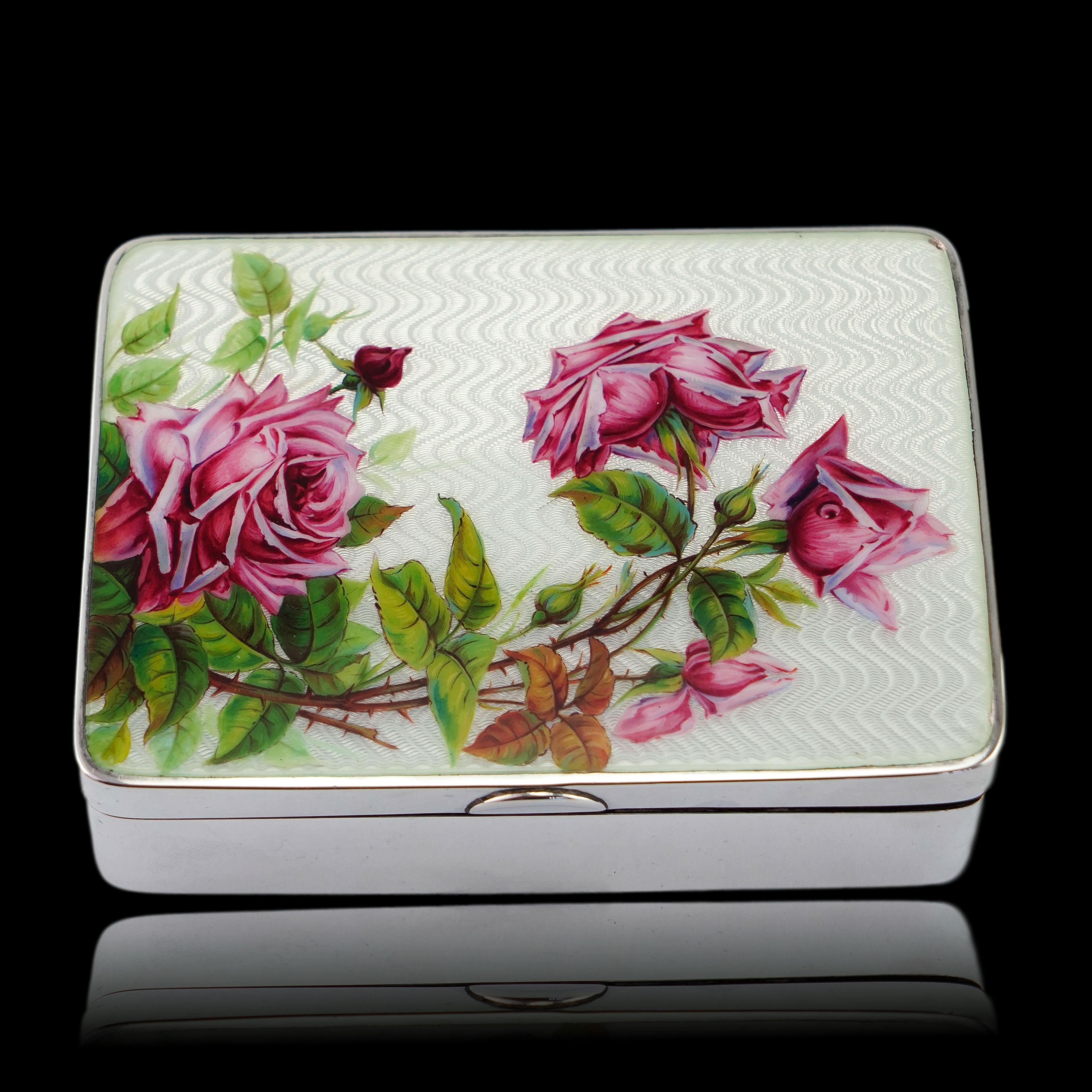 Antike große massive Silber-Emaille-Box Guilloche und Rose Design - 1904 im Angebot 5