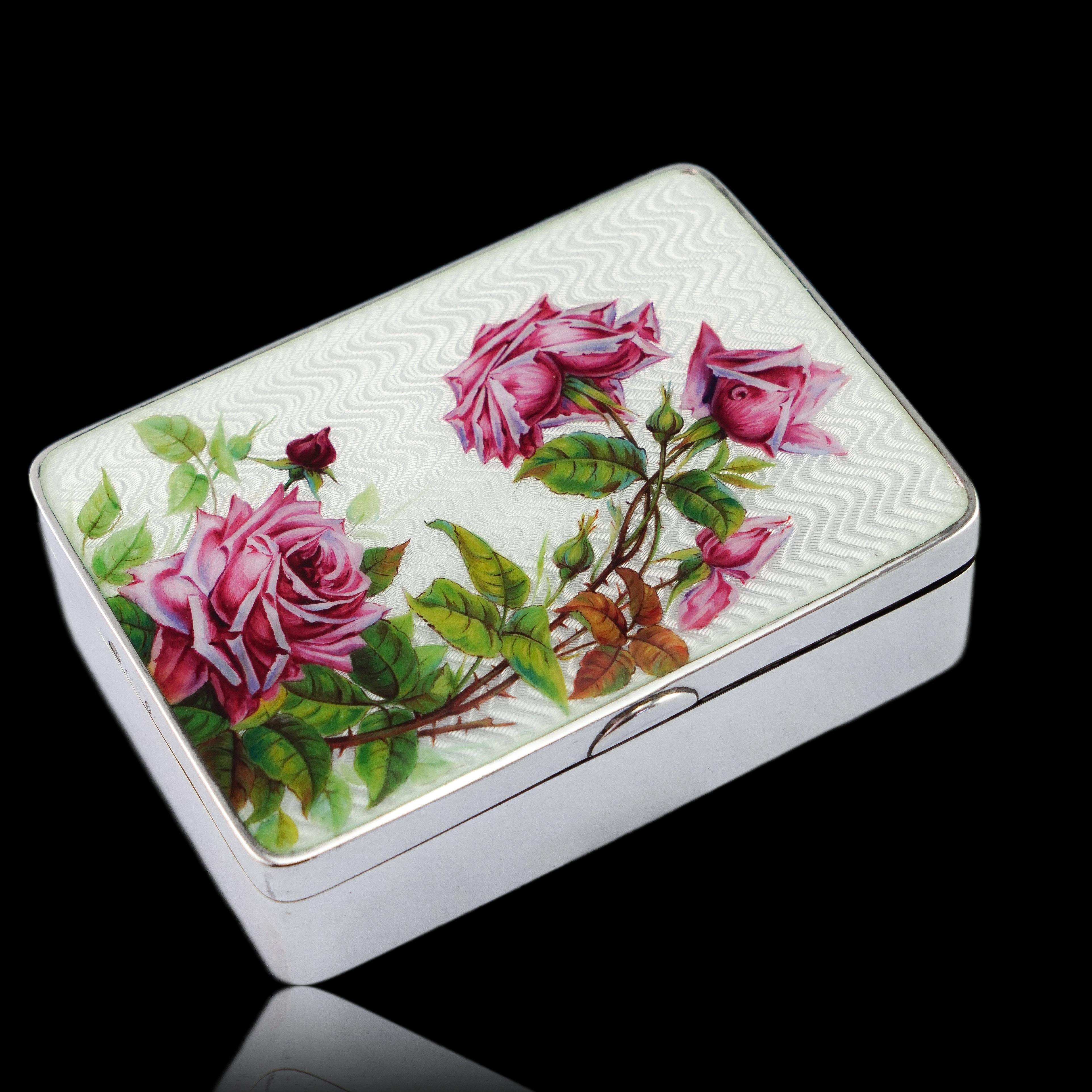 Antike große massive Silber-Emaille-Box Guilloche und Rose Design - 1904 im Angebot 6