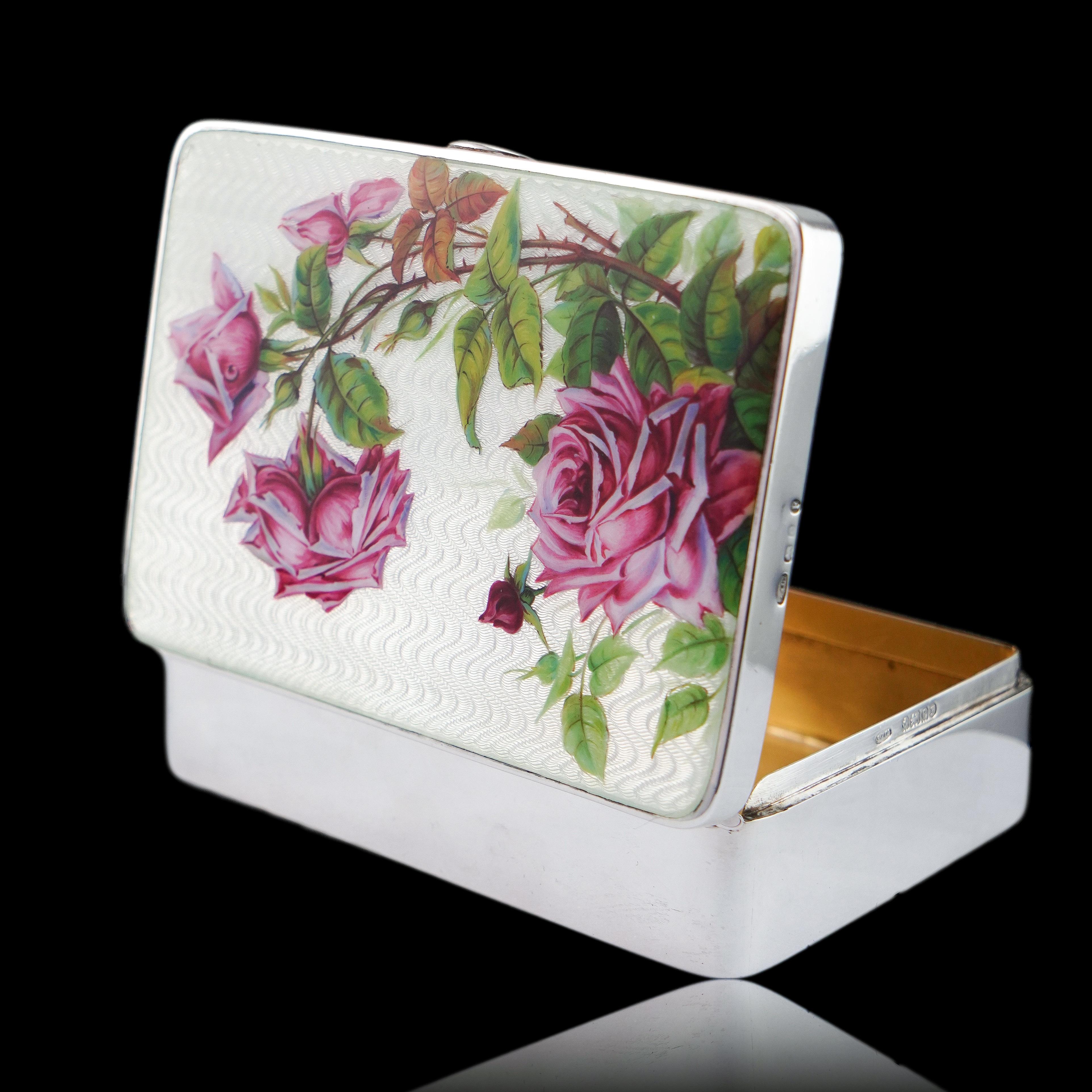 Antike große massive Silber-Emaille-Box Guilloche und Rose Design - 1904 im Angebot 9