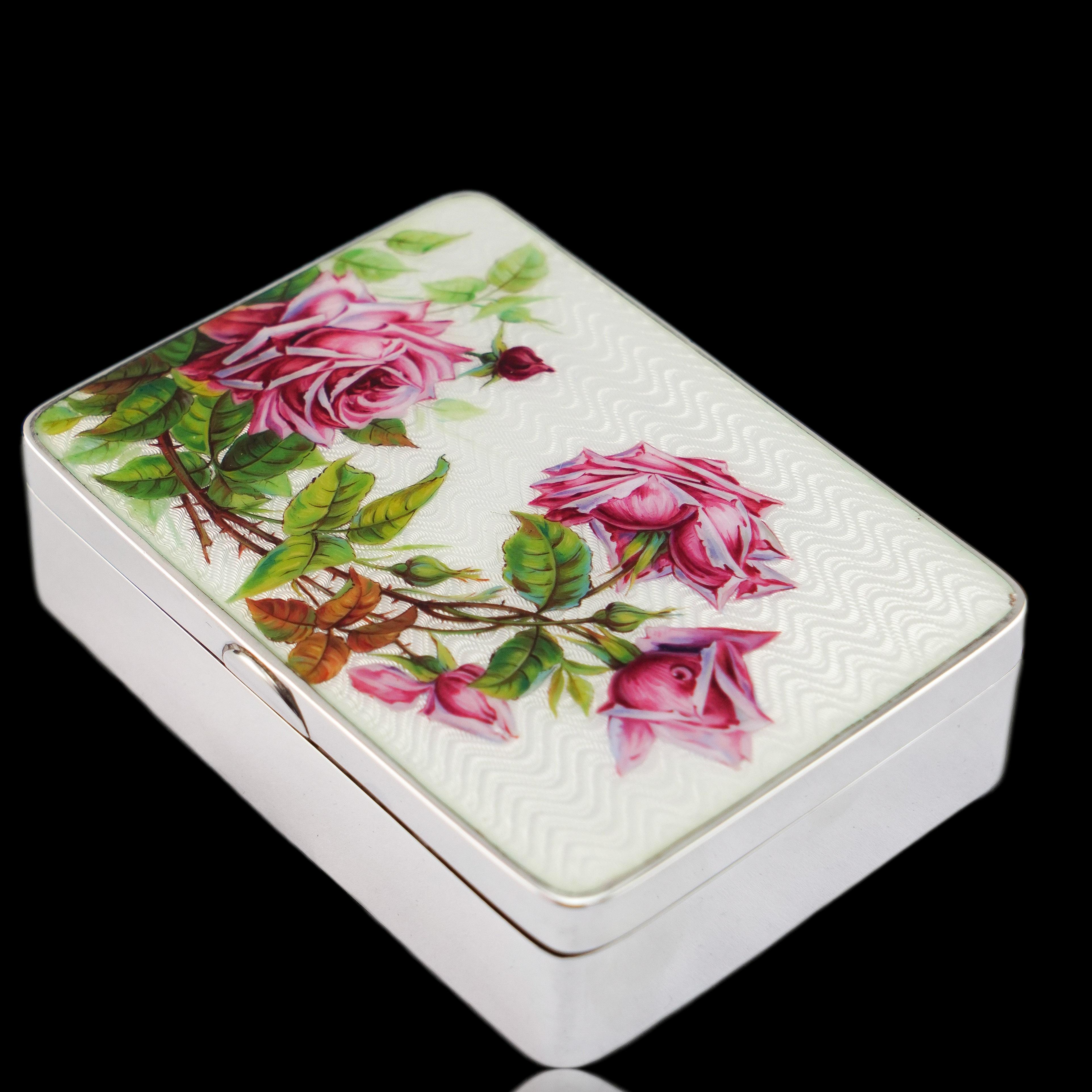 Antike große massive Silber-Emaille-Box Guilloche und Rose Design - 1904 im Angebot 12