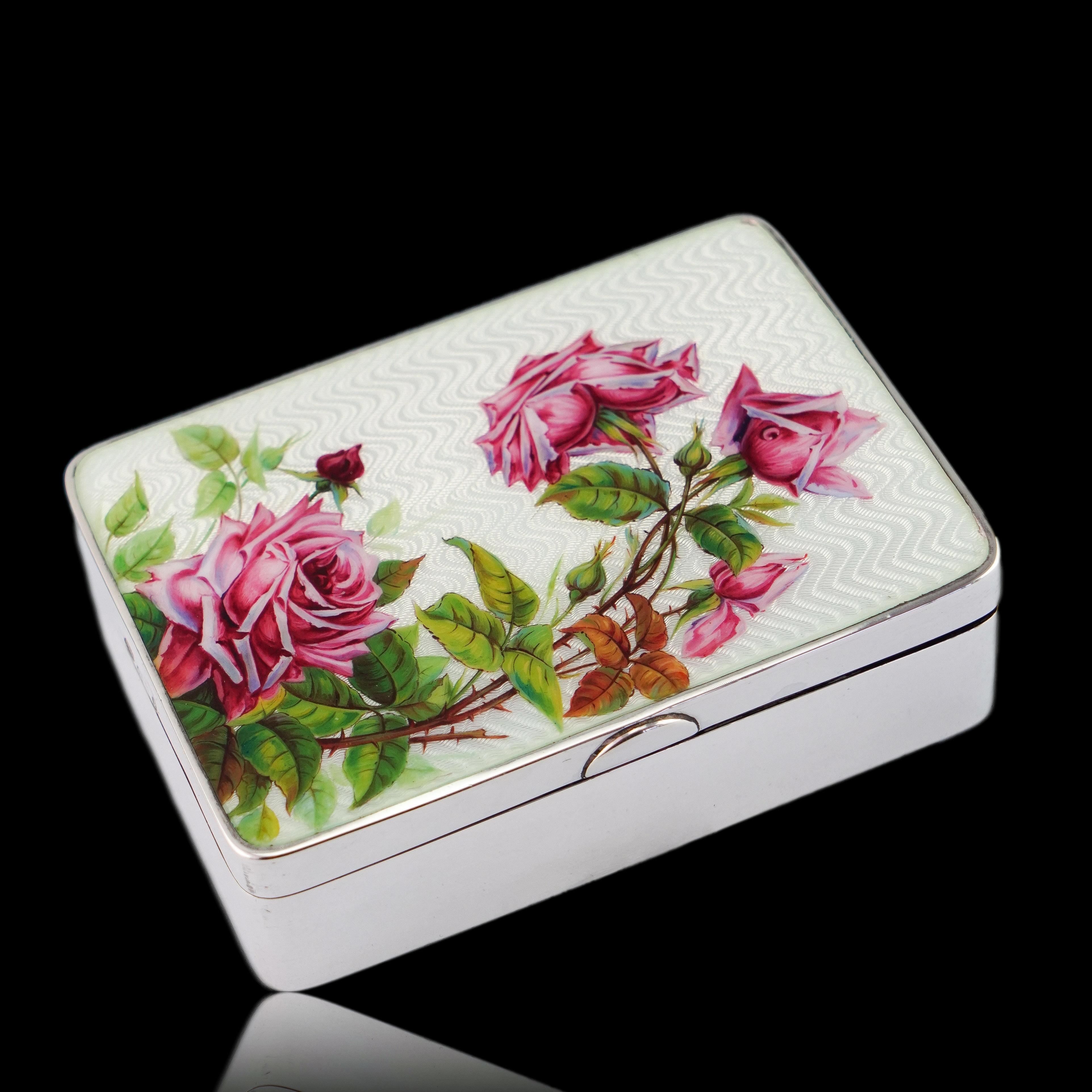 Antike große massive Silber-Emaille-Box Guilloche und Rose Design - 1904 im Angebot 13