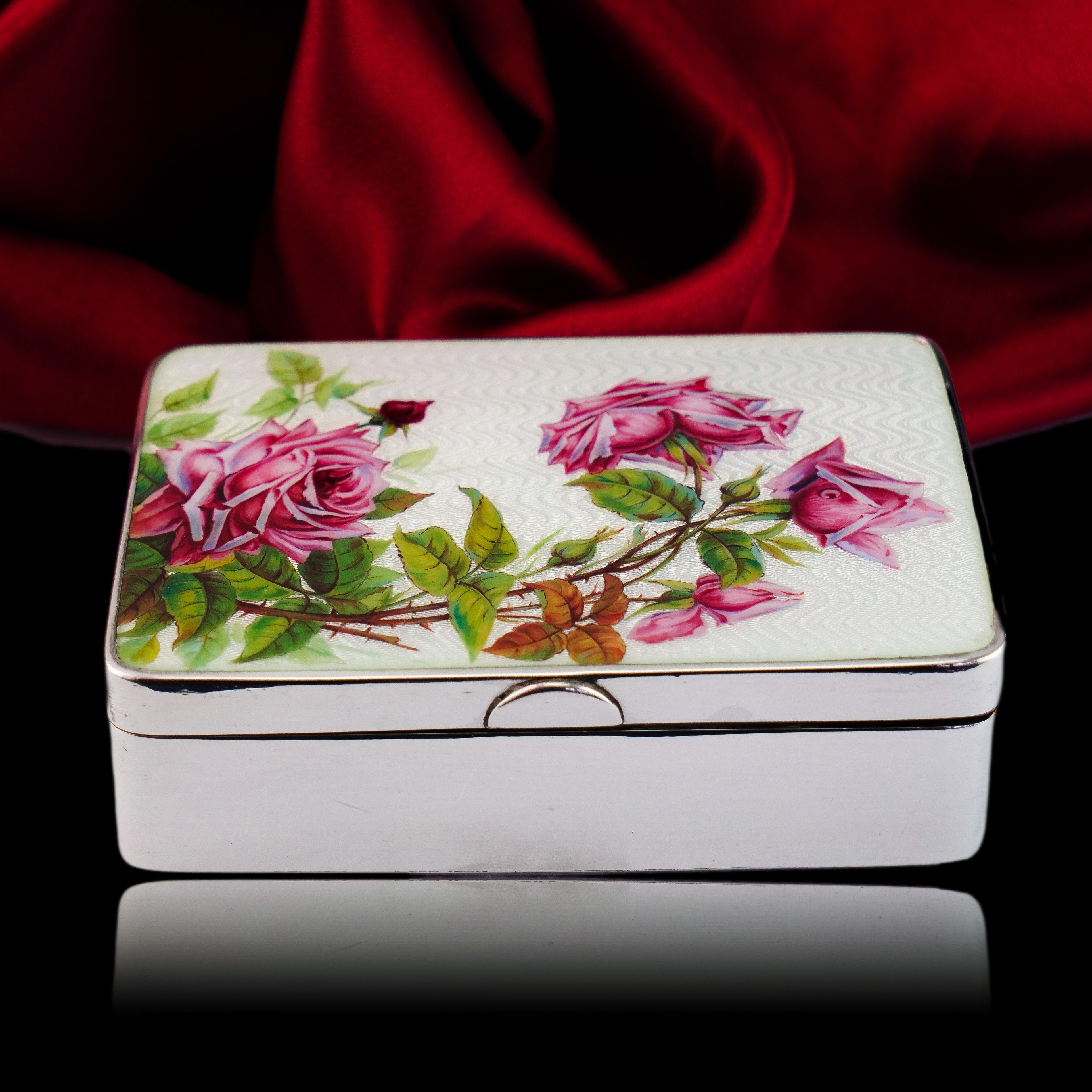 Antike große massive Silber-Emaille-Box Guilloche und Rose Design - 1904 im Angebot 14