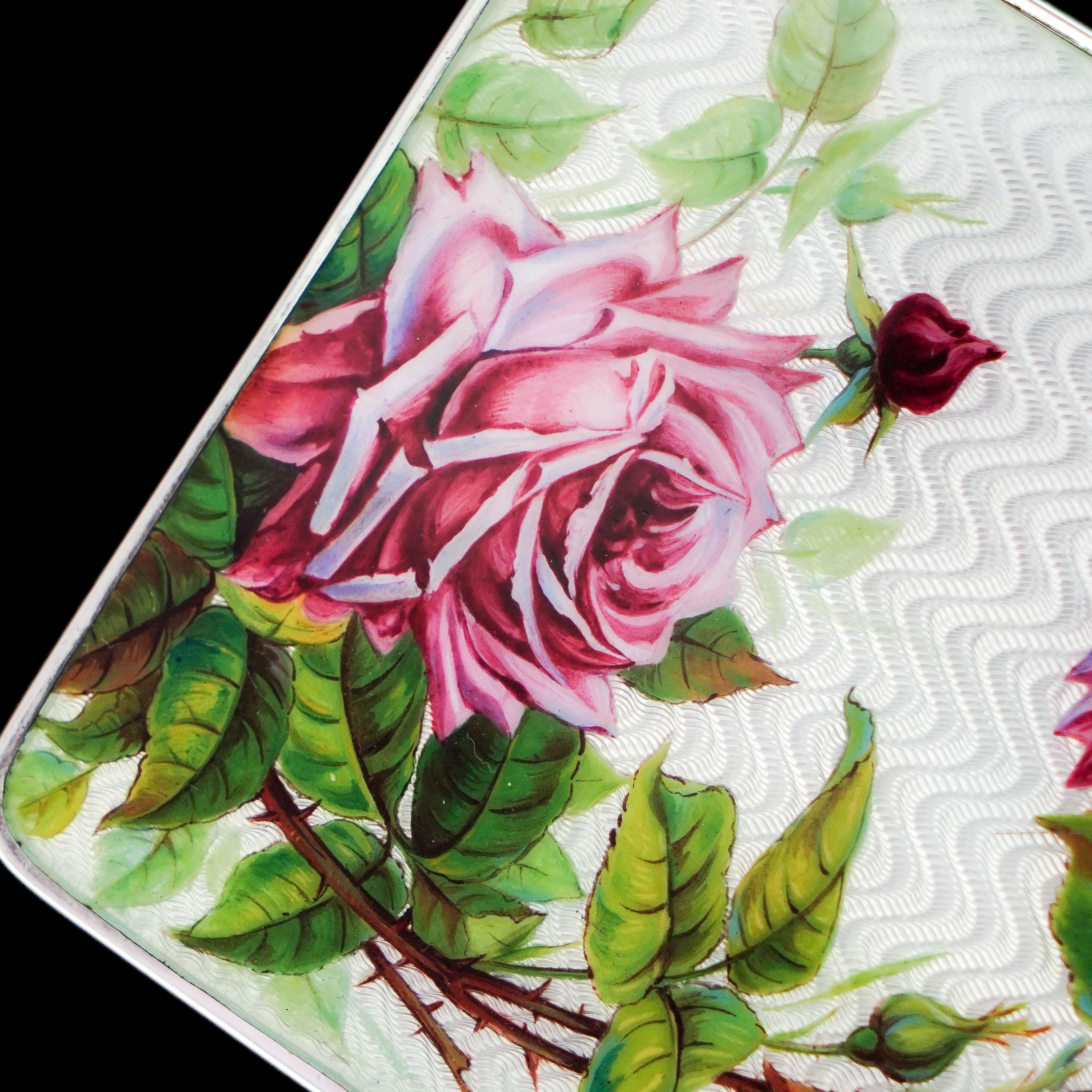 Antike große massive Silber-Emaille-Box Guilloche und Rose Design - 1904 im Angebot 1