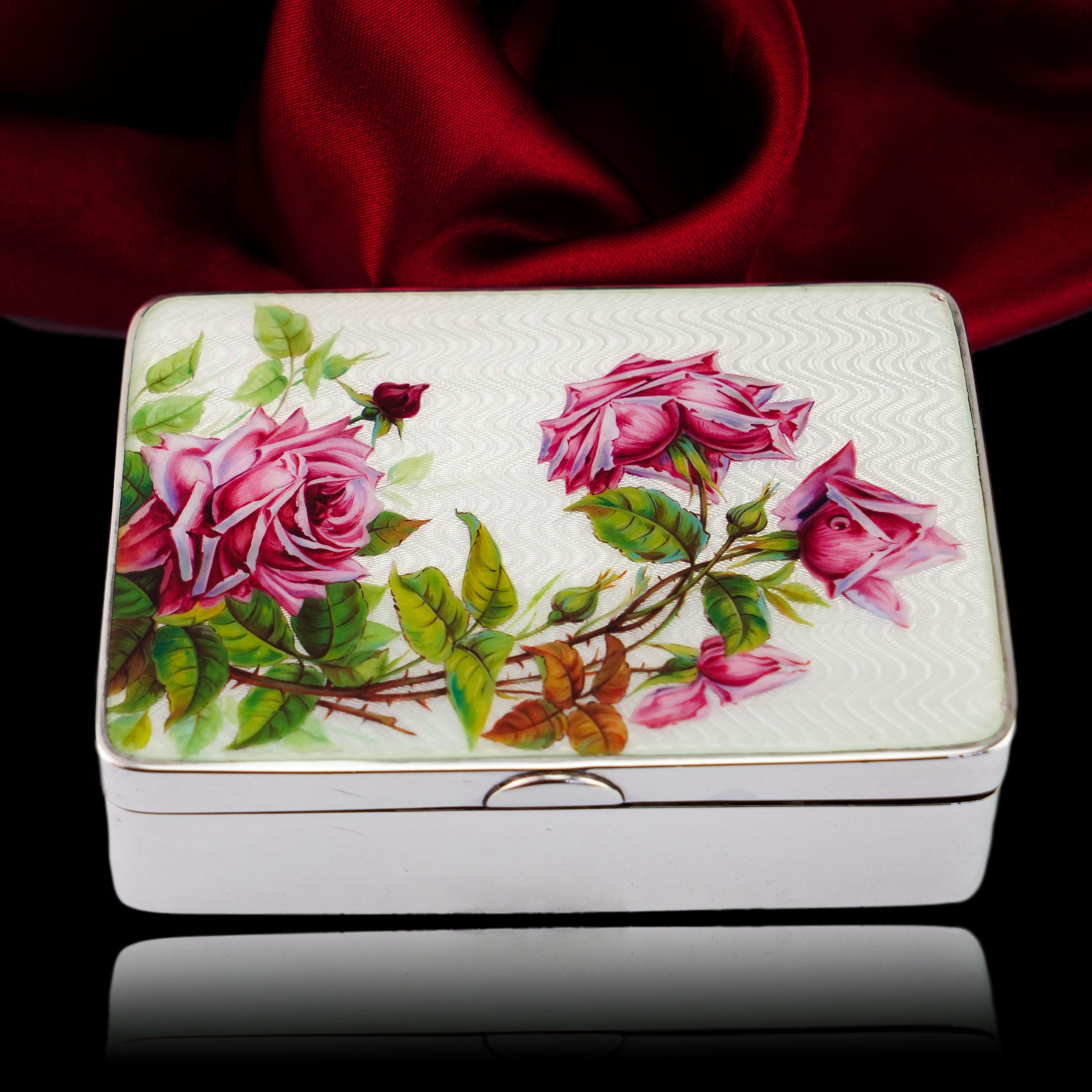 Antike große massive Silber-Emaille-Box Guilloche und Rose Design - 1904 im Angebot 2