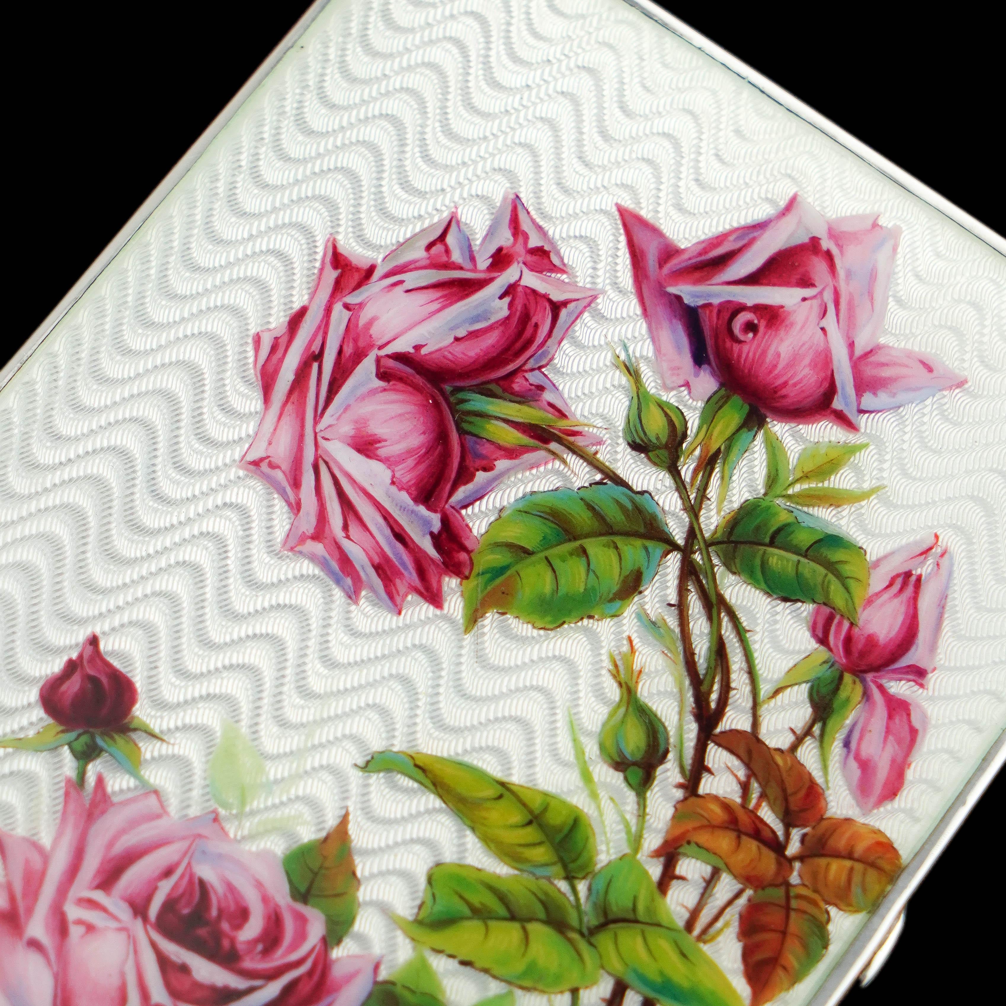 Antike große massive Silber-Emaille-Box Guilloche und Rose Design - 1904 im Angebot 3
