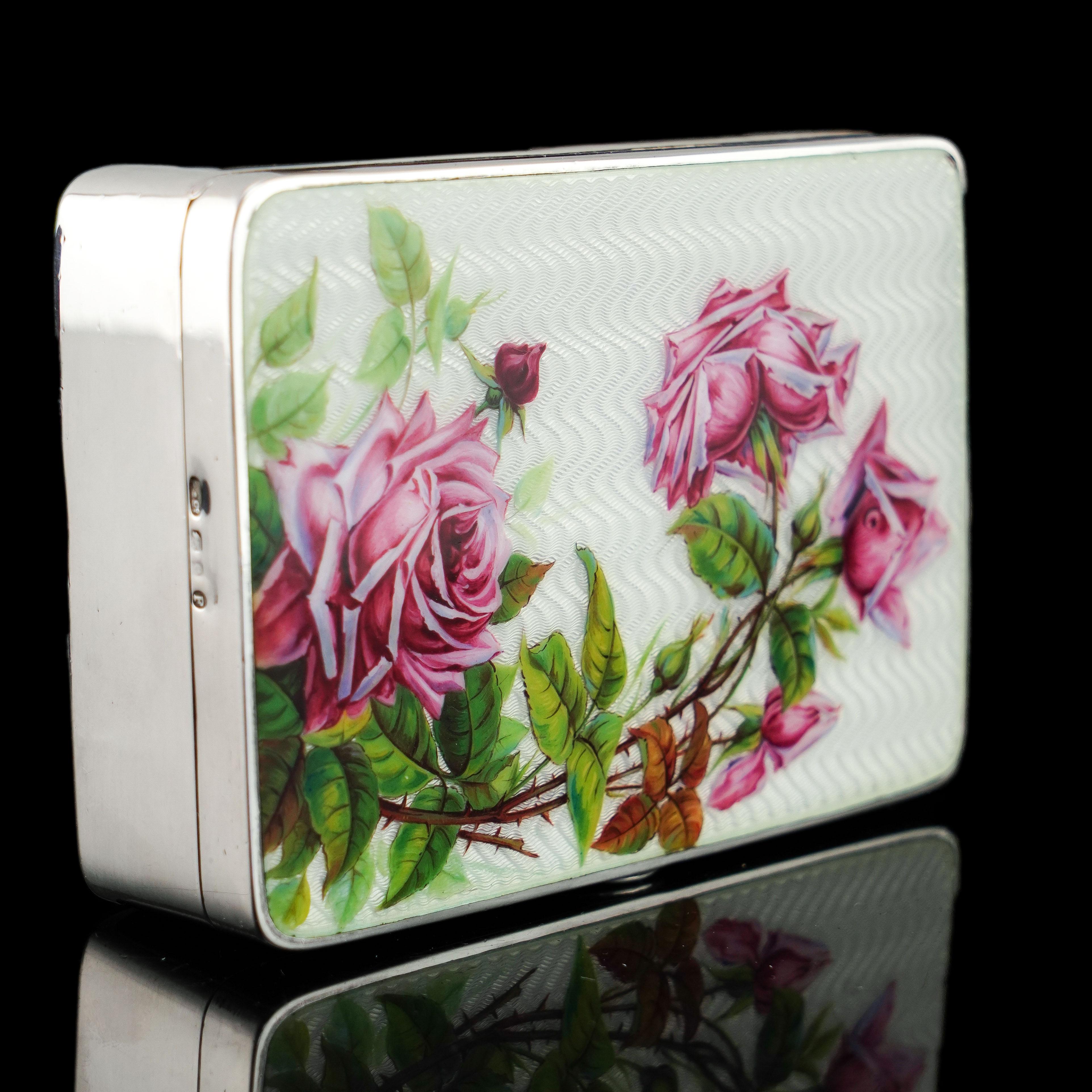 Antike große massive Silber-Emaille-Box Guilloche und Rose Design - 1904 im Angebot 4