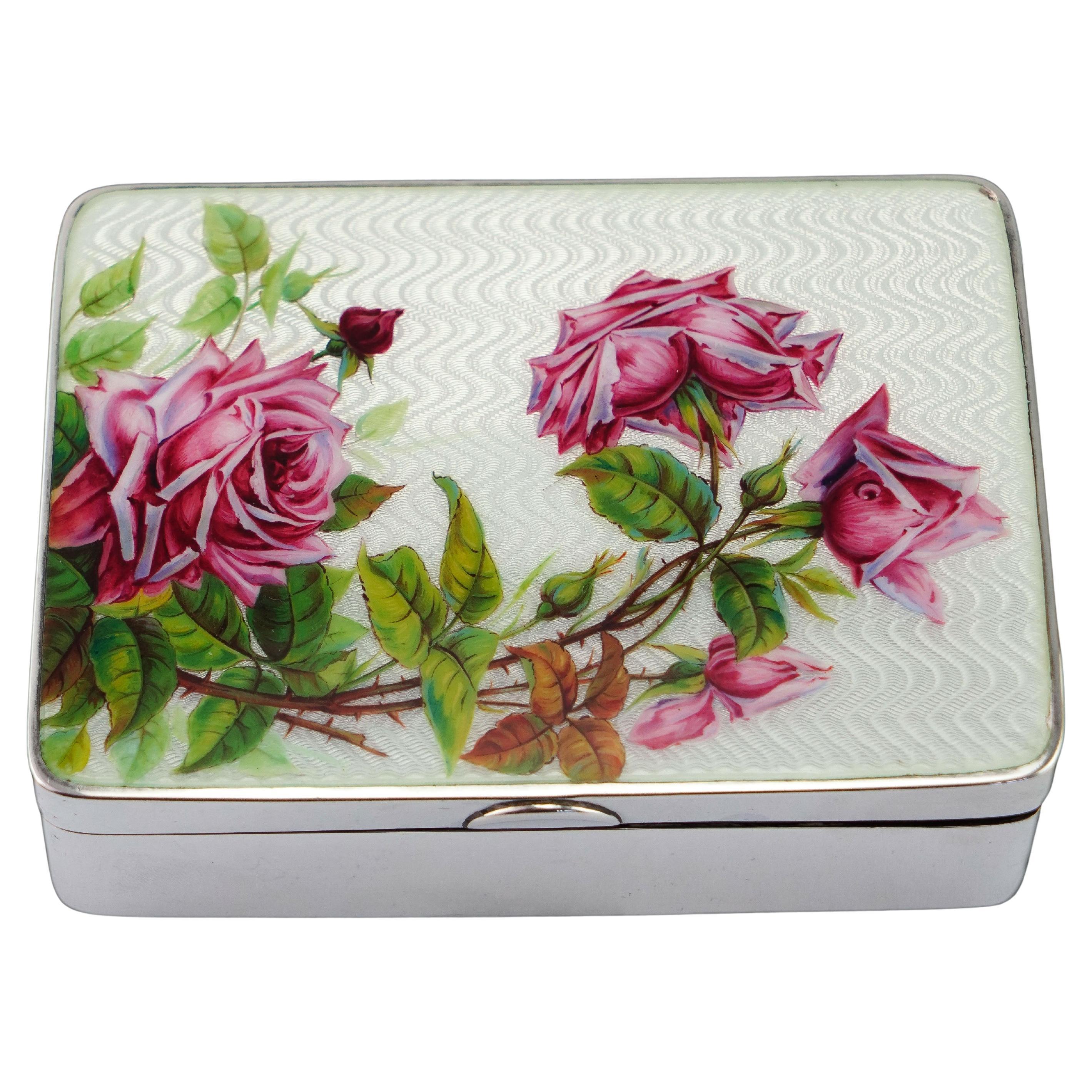 Antike große massive Silber-Emaille-Box Guilloche und Rose Design - 1904 im Angebot