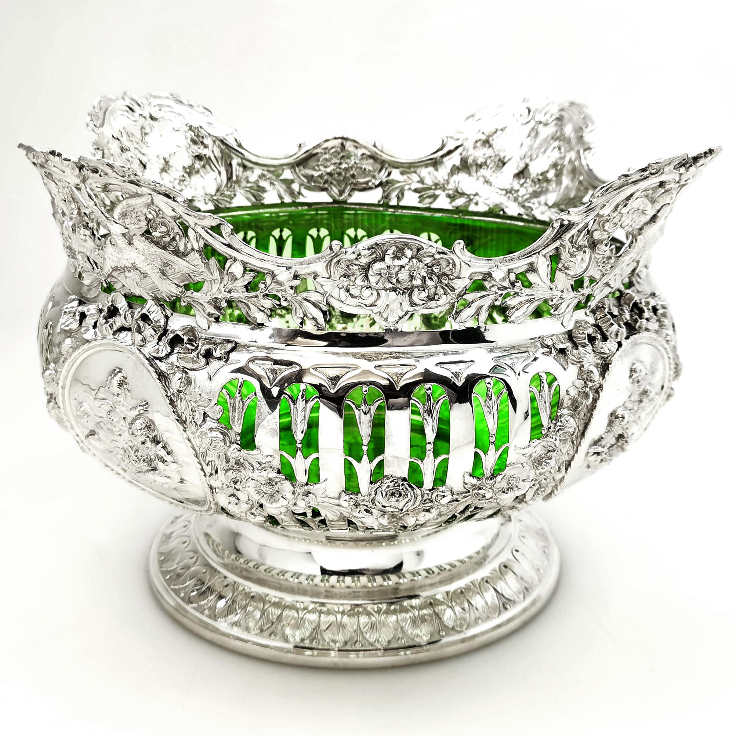 19th Century Antique Large Solid Silver and Glass Bowl Germany circa 1890
