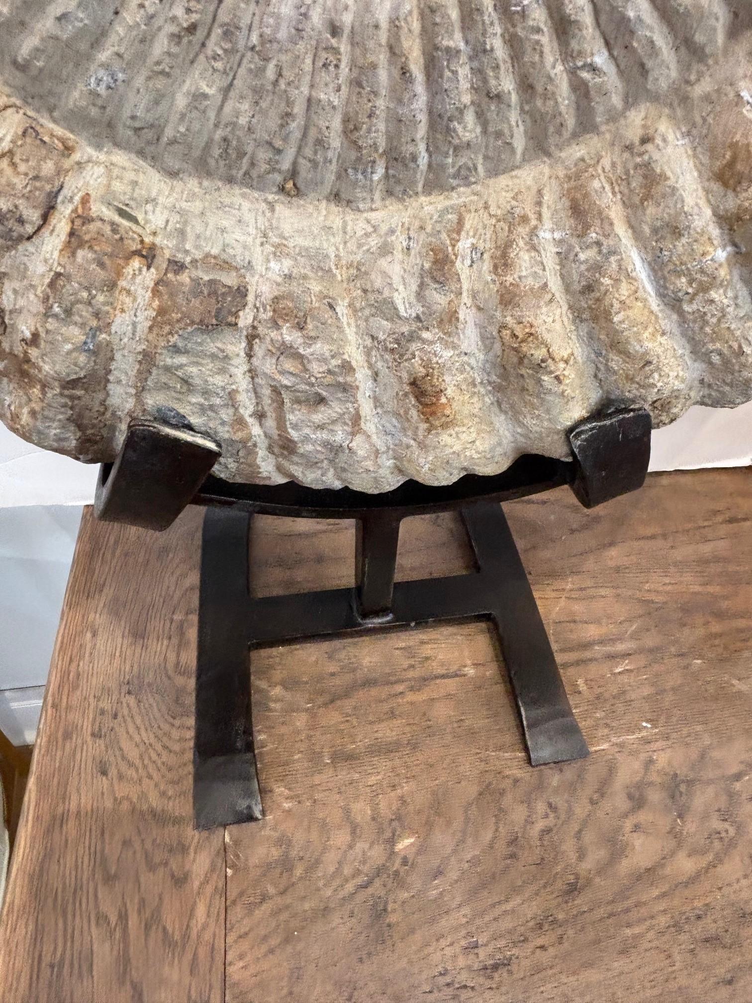 Pierre Antique Large Solid Stone Ammonite on Handcrafted Iron Stand en vente