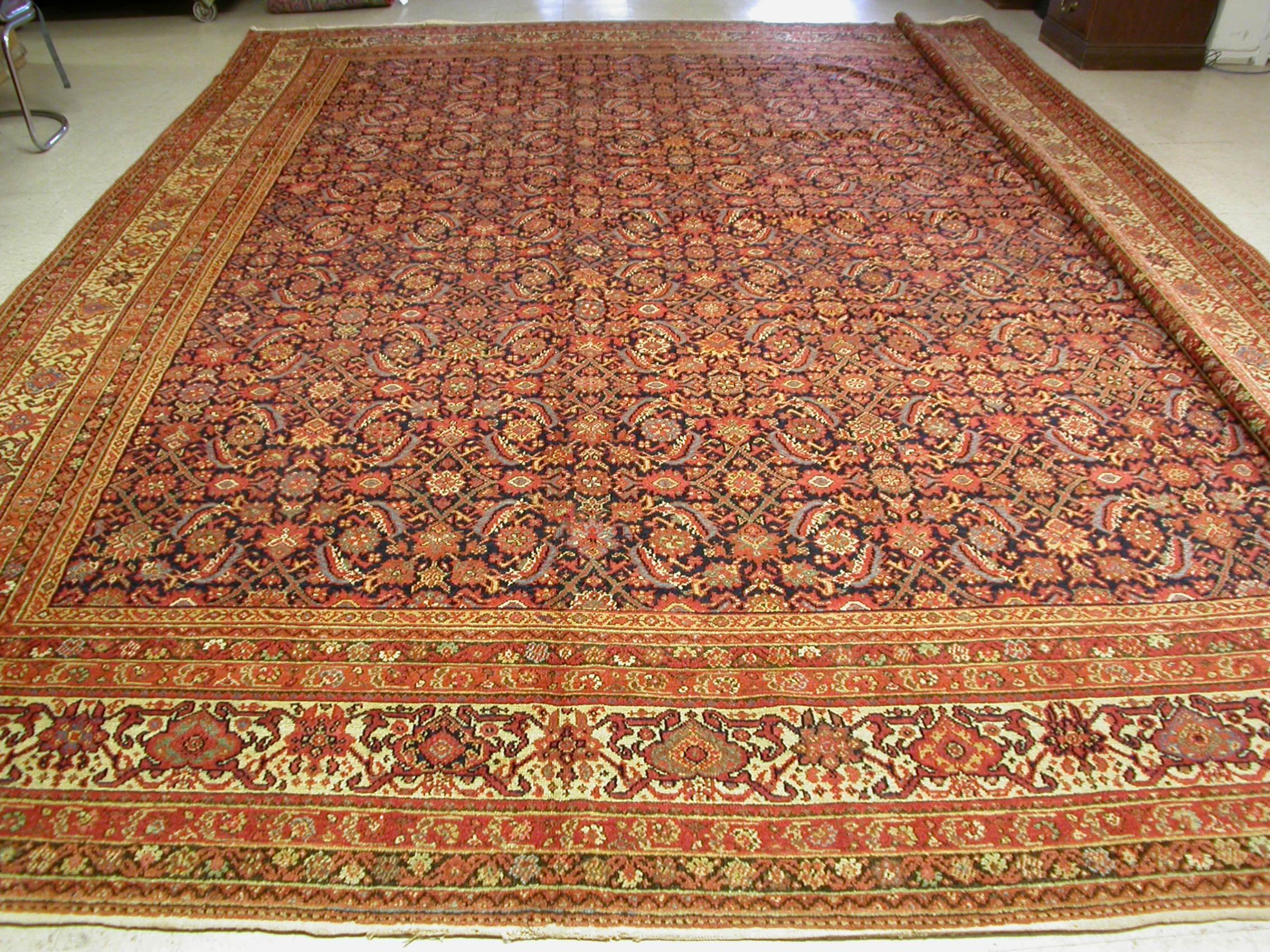 Sarouk Farahan Antique Large Square Navy Blue and Rust All Over Pattern Malayer Rug For Sale