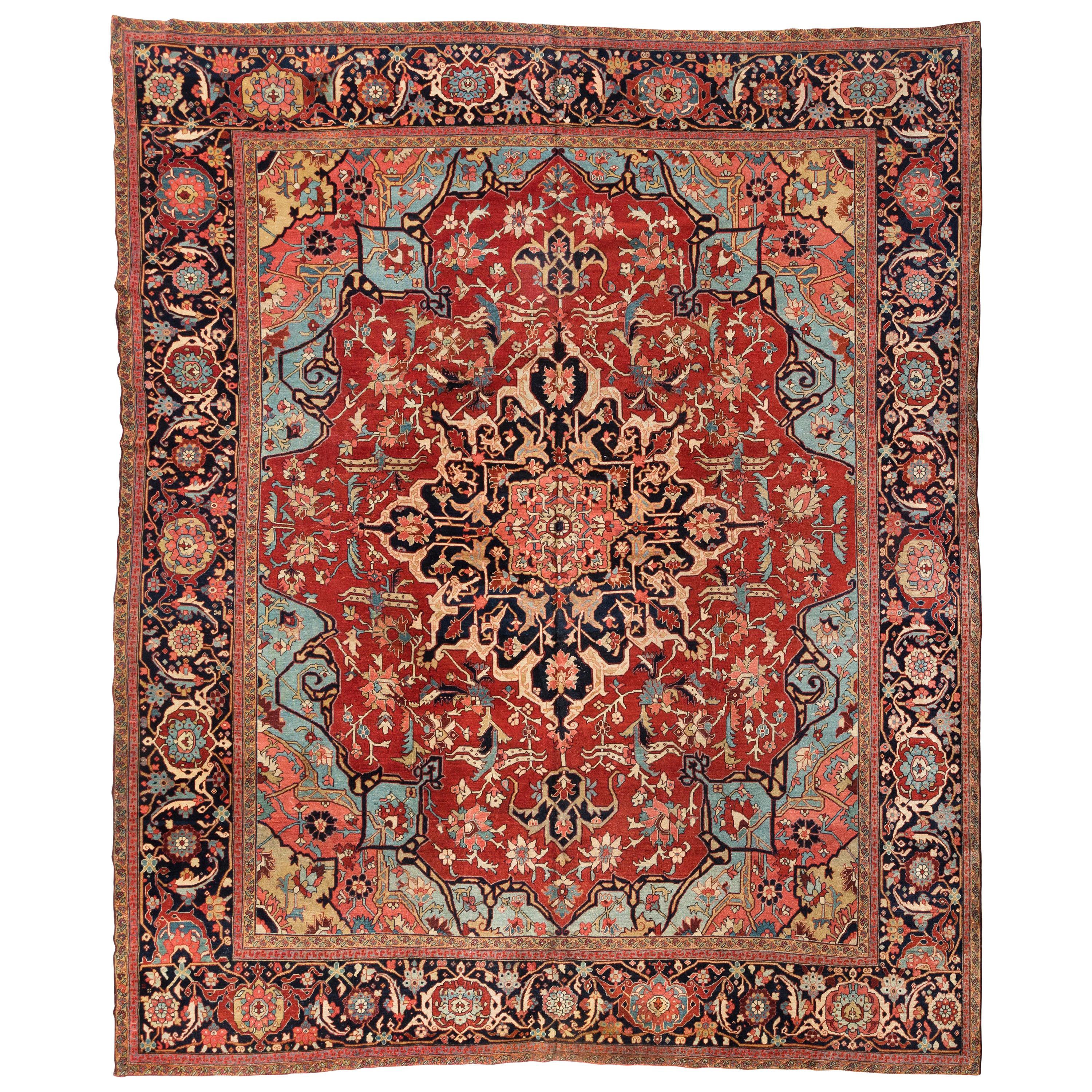 Antique Large Square Persian Red Ivory and Light Blue Serapi Rug For Sale