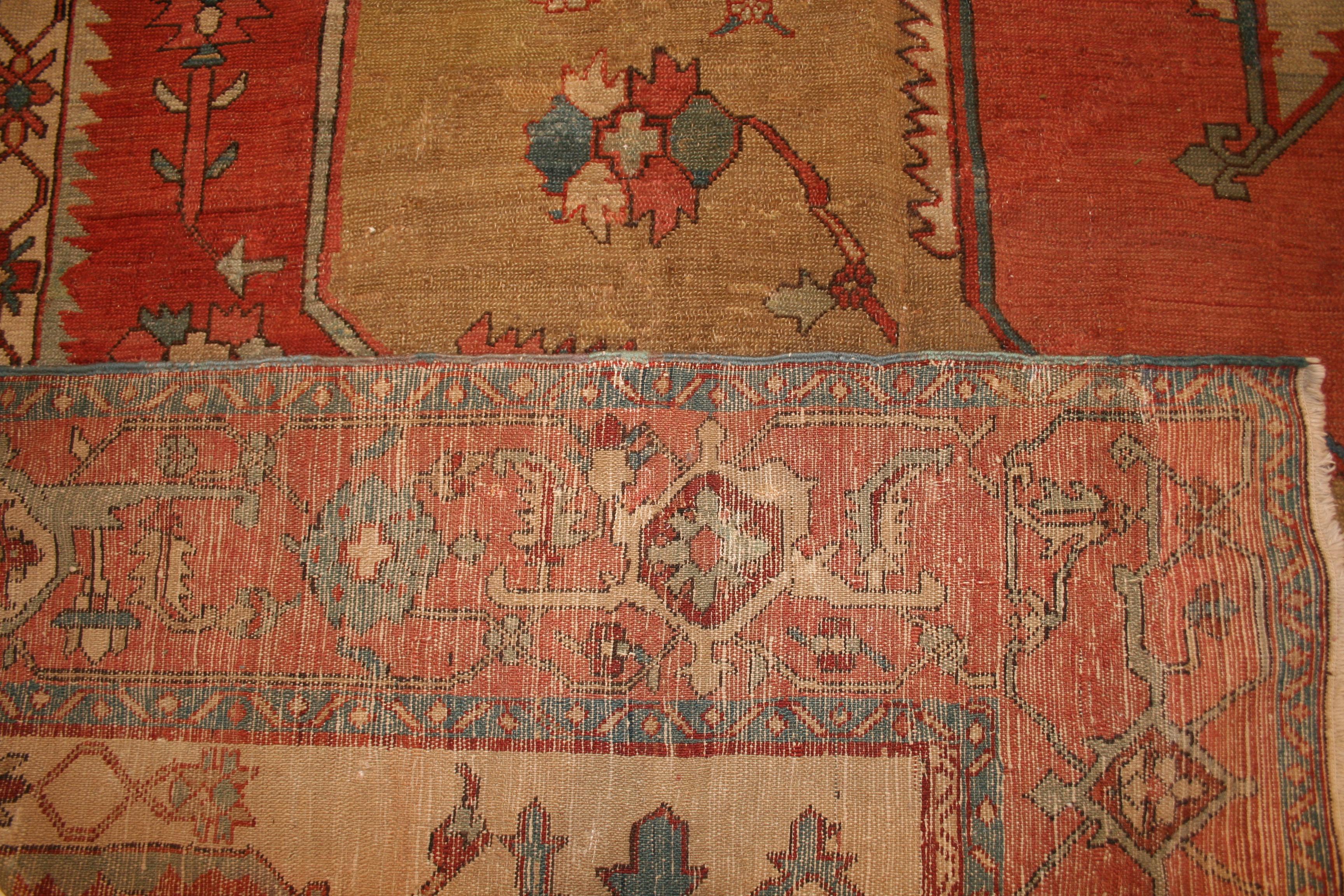 Hand-Knotted Antique Large Square Size Heriz Serapi Rug with Pastel Colours  For Sale