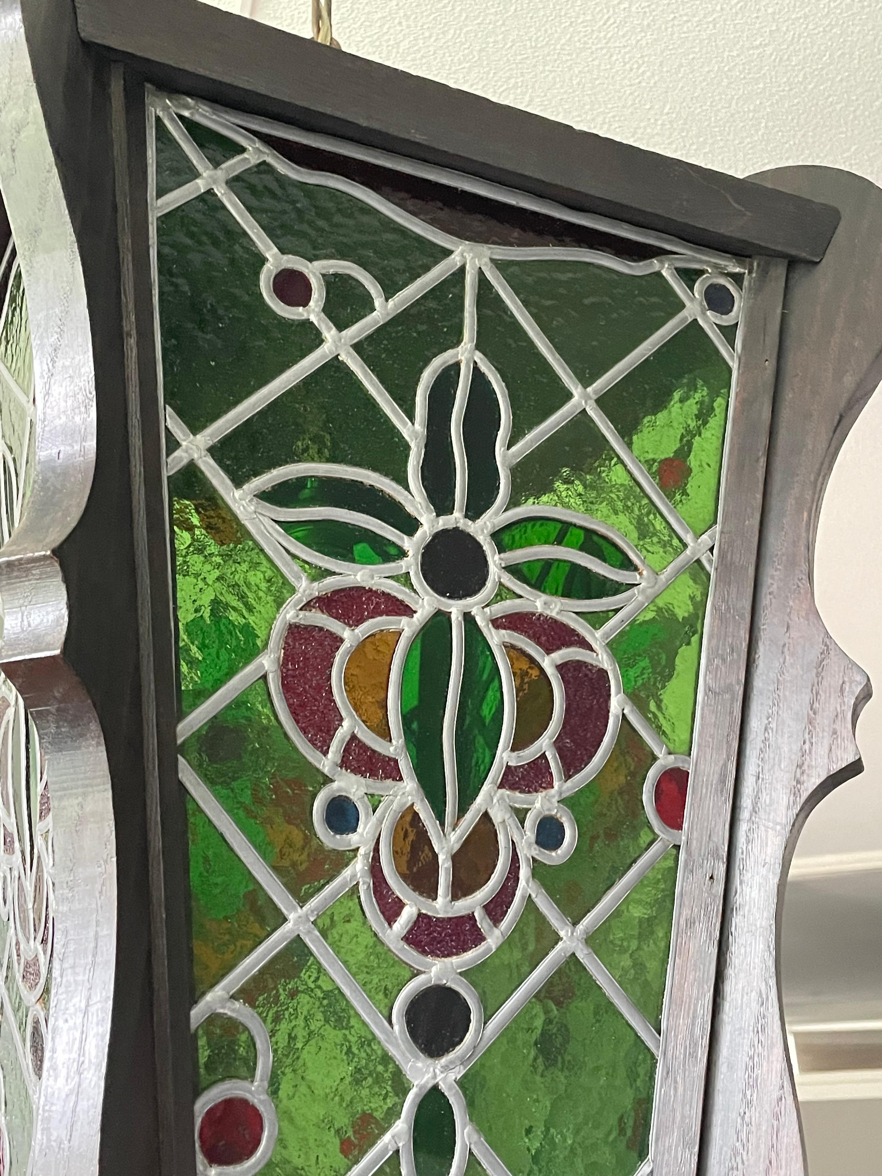 Antique & Large Stained Glass & Solid Oak Victorian Style Hall Lantern / Pendant For Sale 6