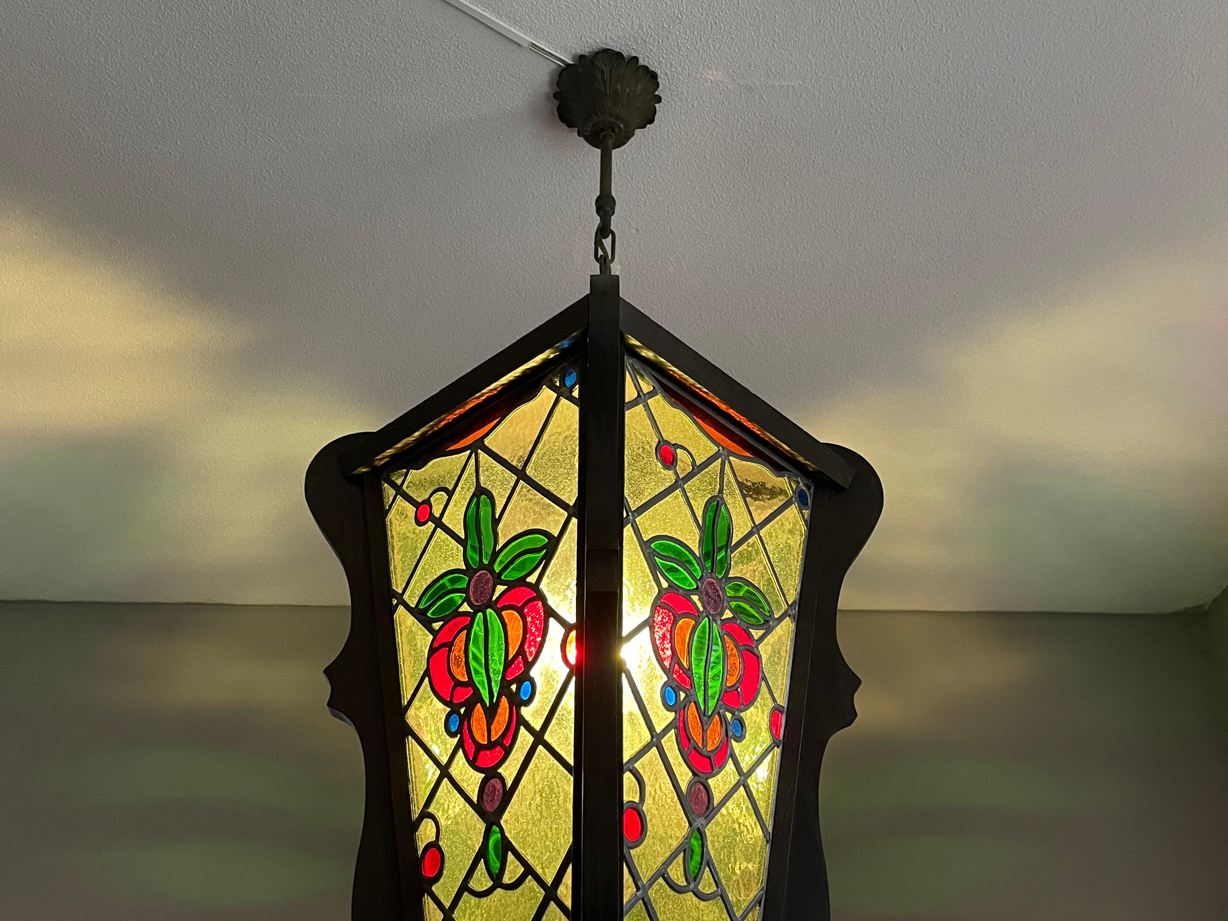 Antique & Large Stained Glass & Solid Oak Victorian Style Hall Lantern / Pendant For Sale 7