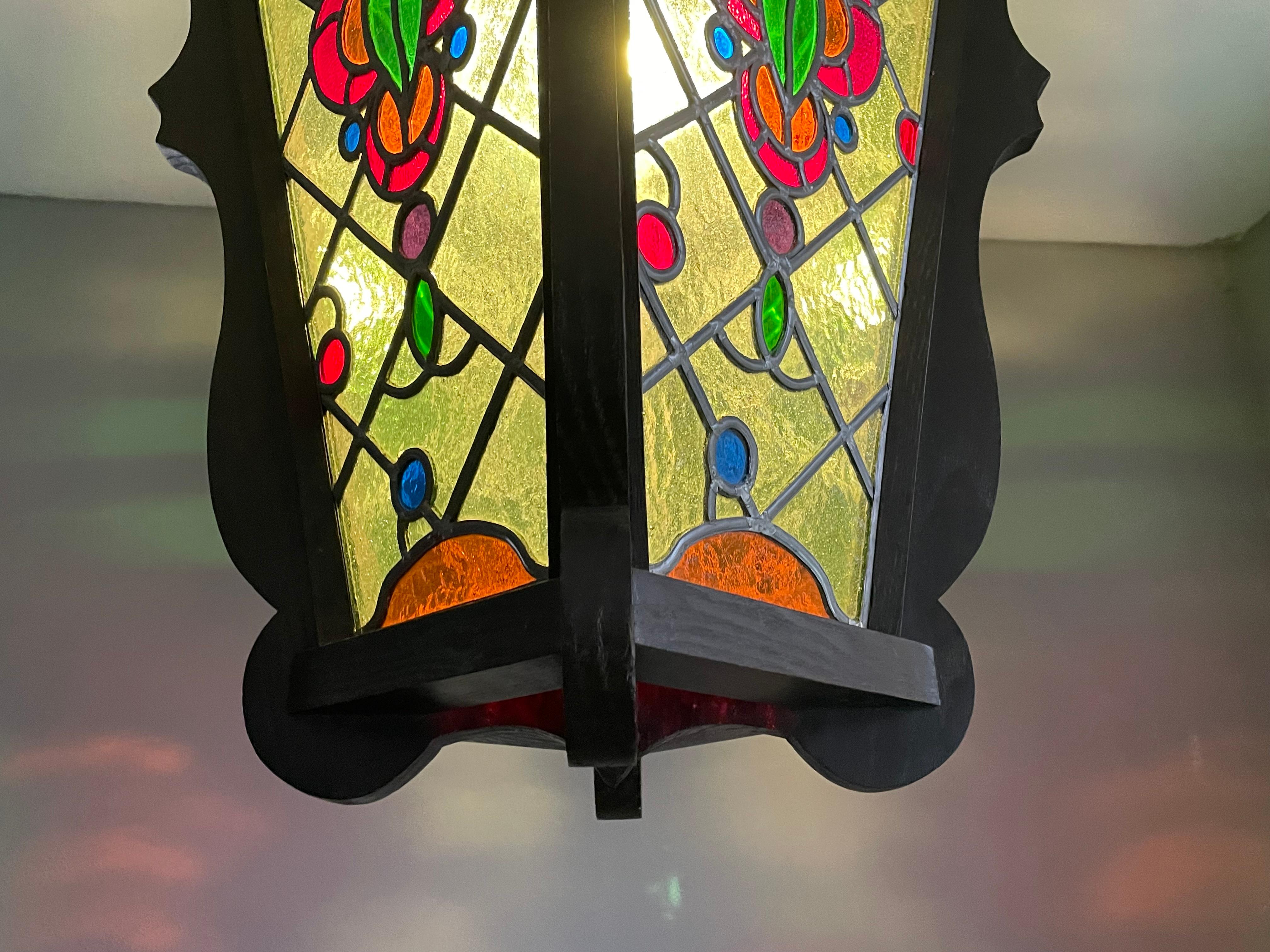 Antique & Large Stained Glass & Solid Oak Victorian Style Hall Lantern / Pendant For Sale 9