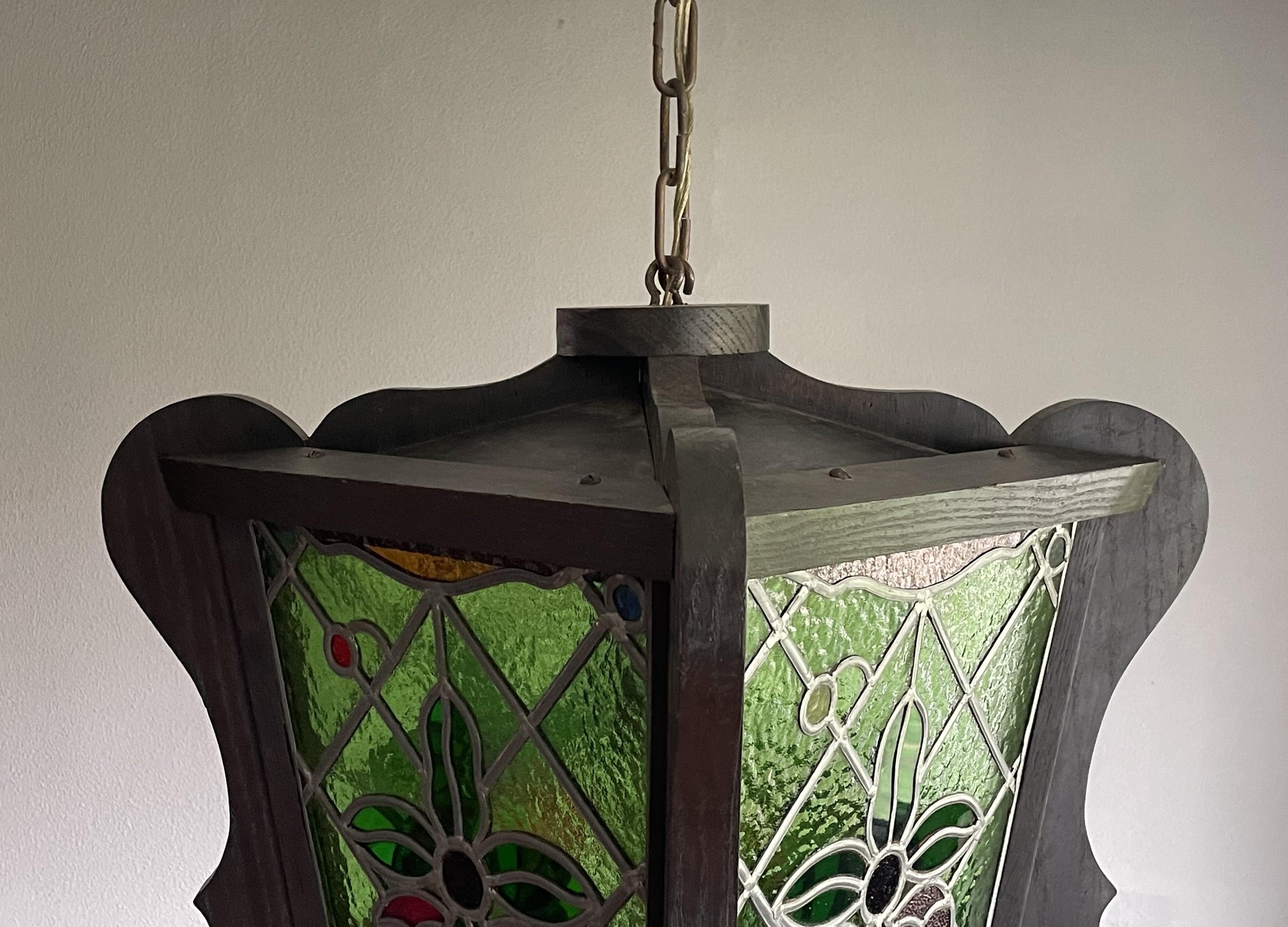 Lanterne d'entrée / Pendentif Antique & Large Vitrail & Oak Oak massif de style victorien en vente 8