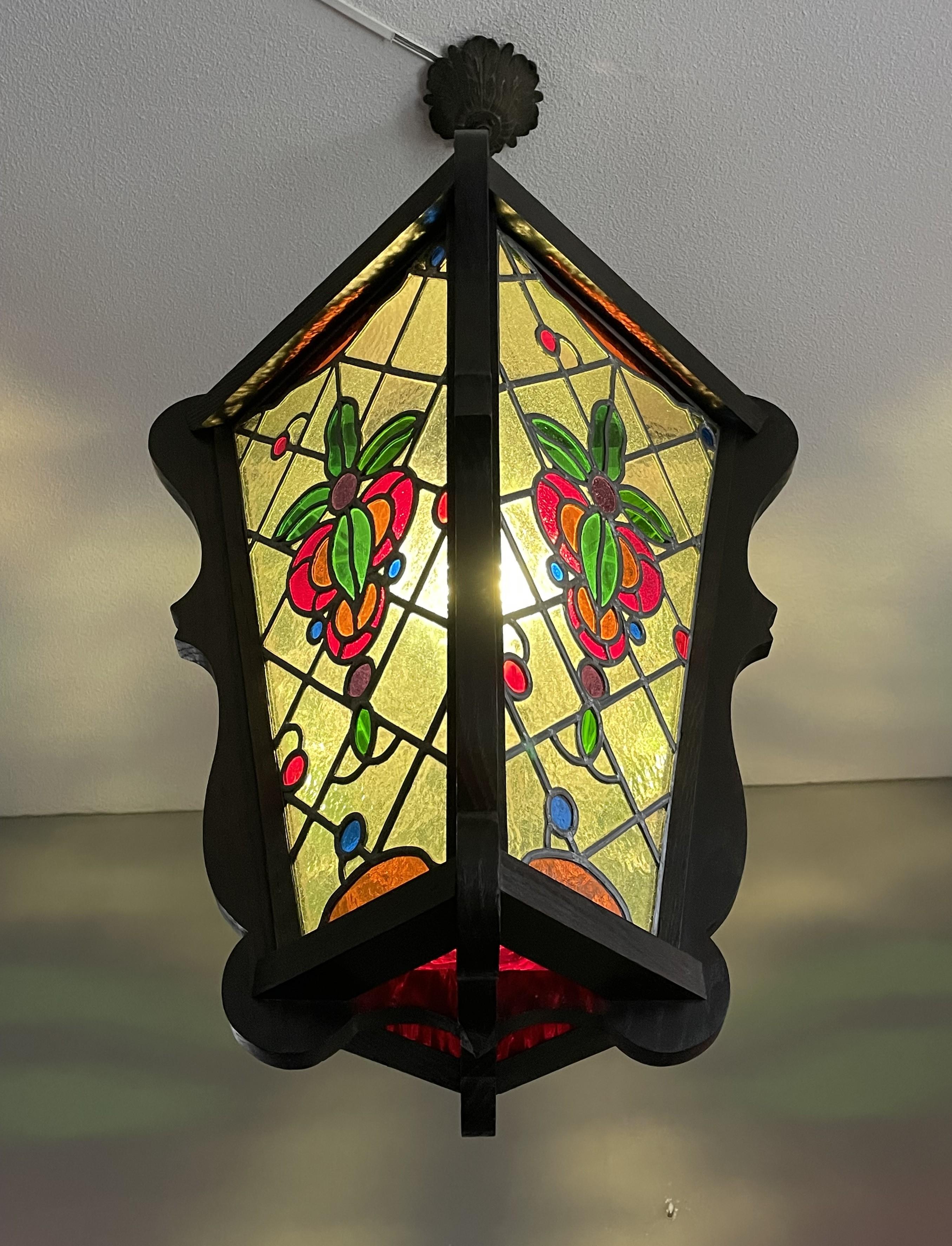 Antique & Large Stained Glass & Solid Oak Victorian Style Hall Lantern / Pendant For Sale 10