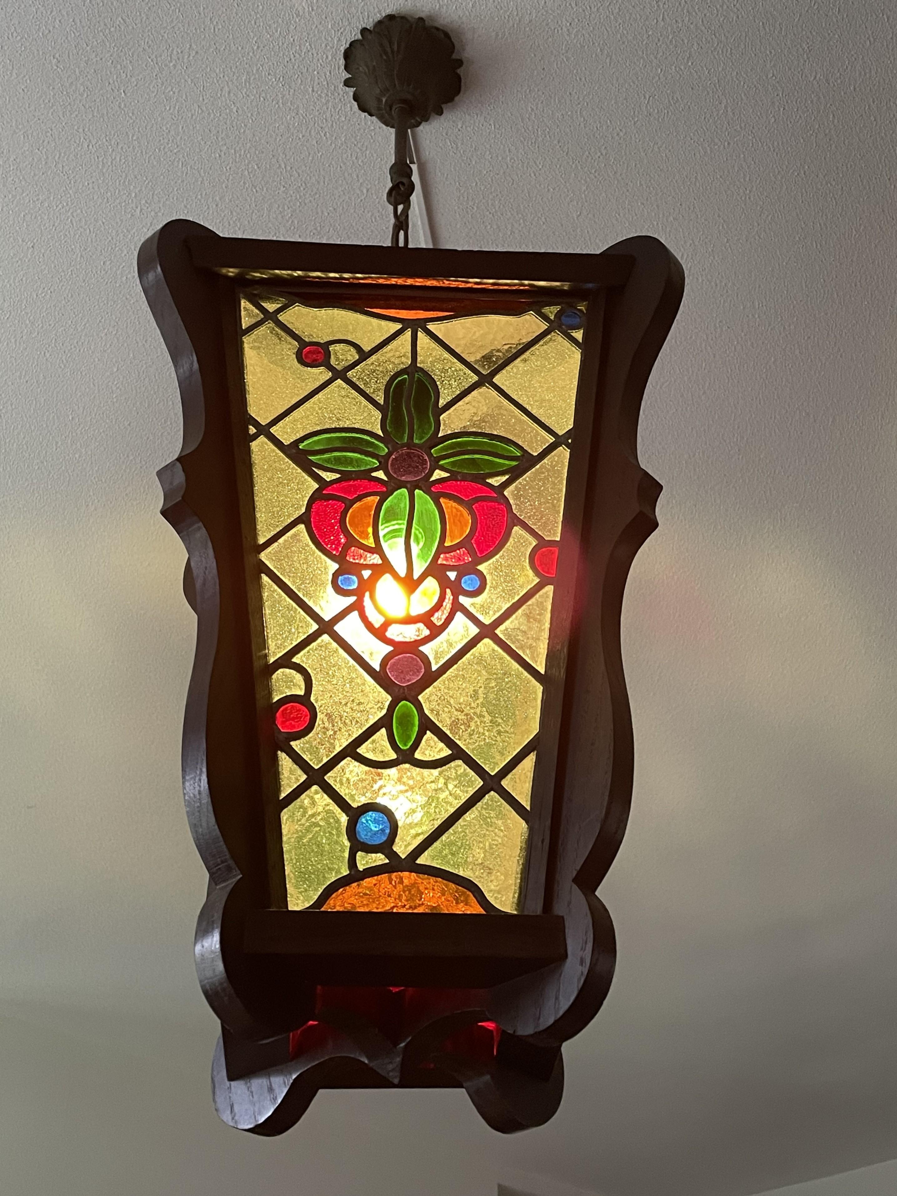 Antique & Large Stained Glass & Solid Oak Victorian Style Hall Lantern / Pendant For Sale 12