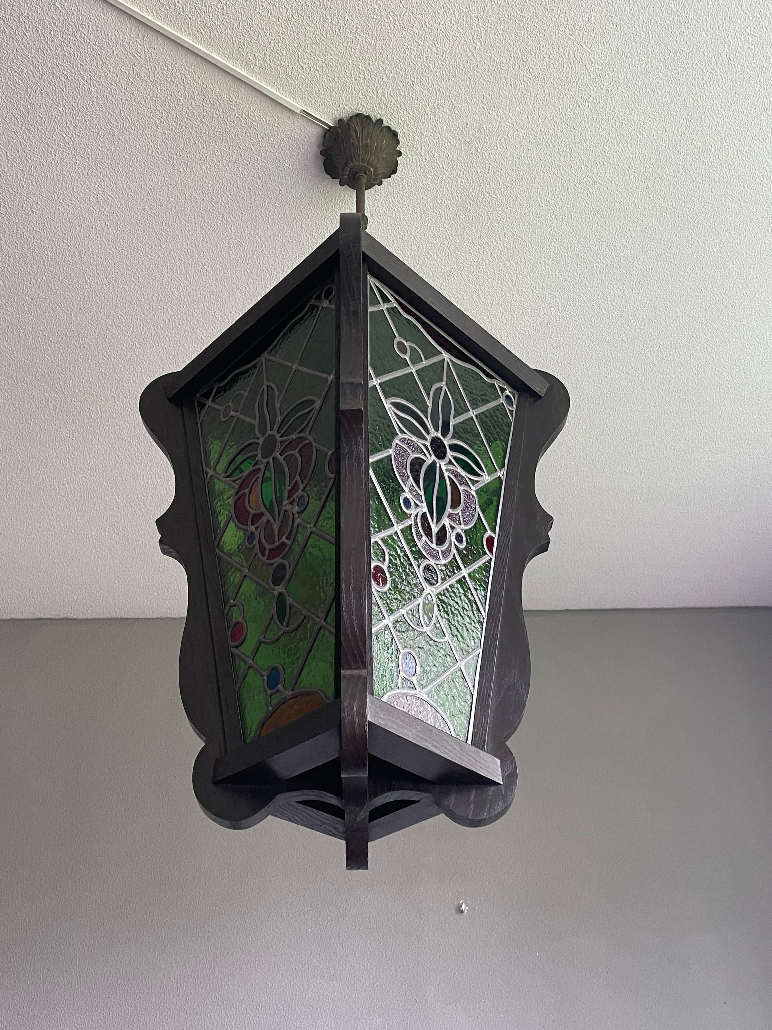 Antique & Large Stained Glass & Solid Oak Victorian Style Hall Lantern / Pendant For Sale 12
