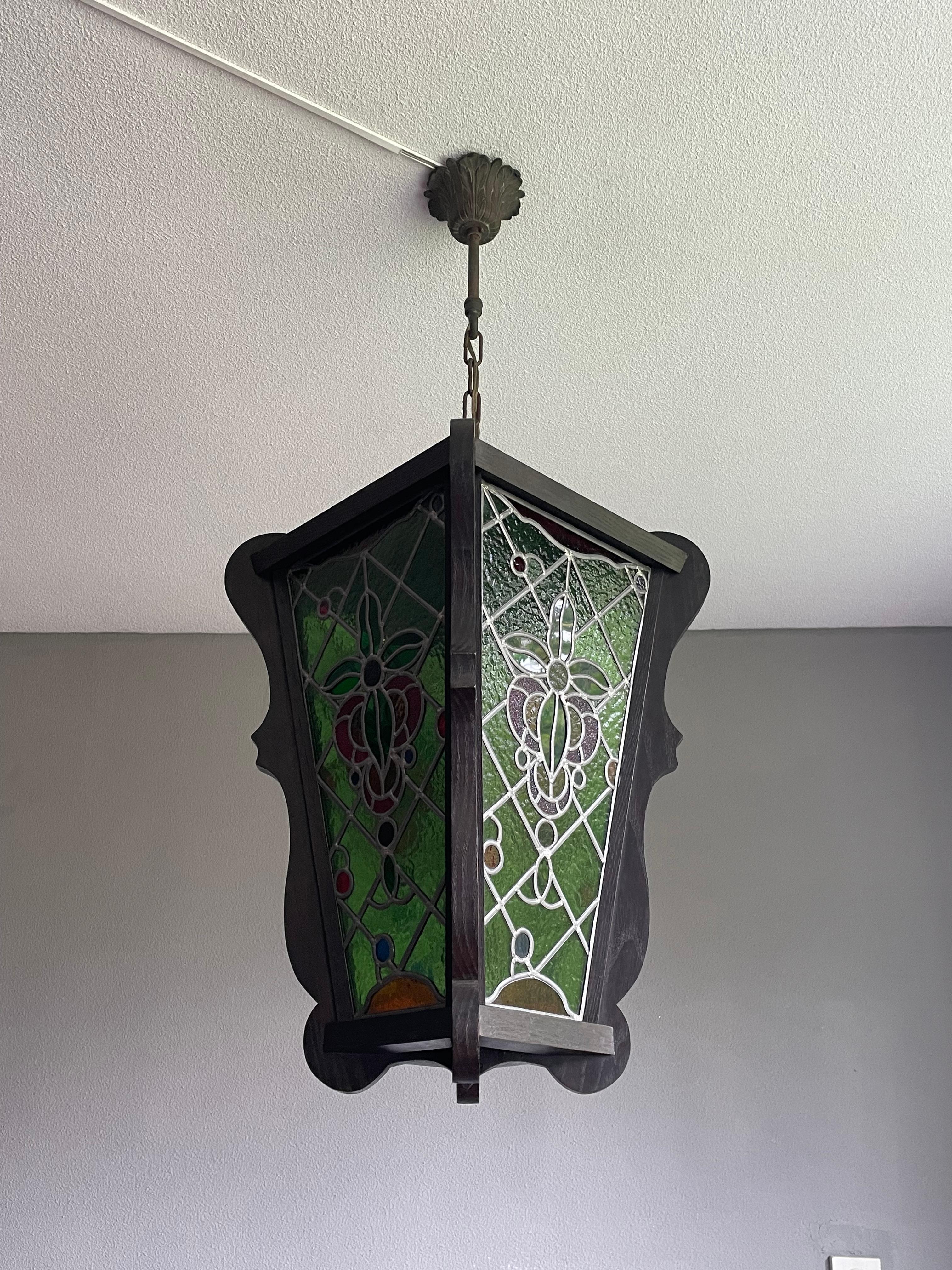European Antique & Large Stained Glass & Solid Oak Victorian Style Hall Lantern / Pendant For Sale