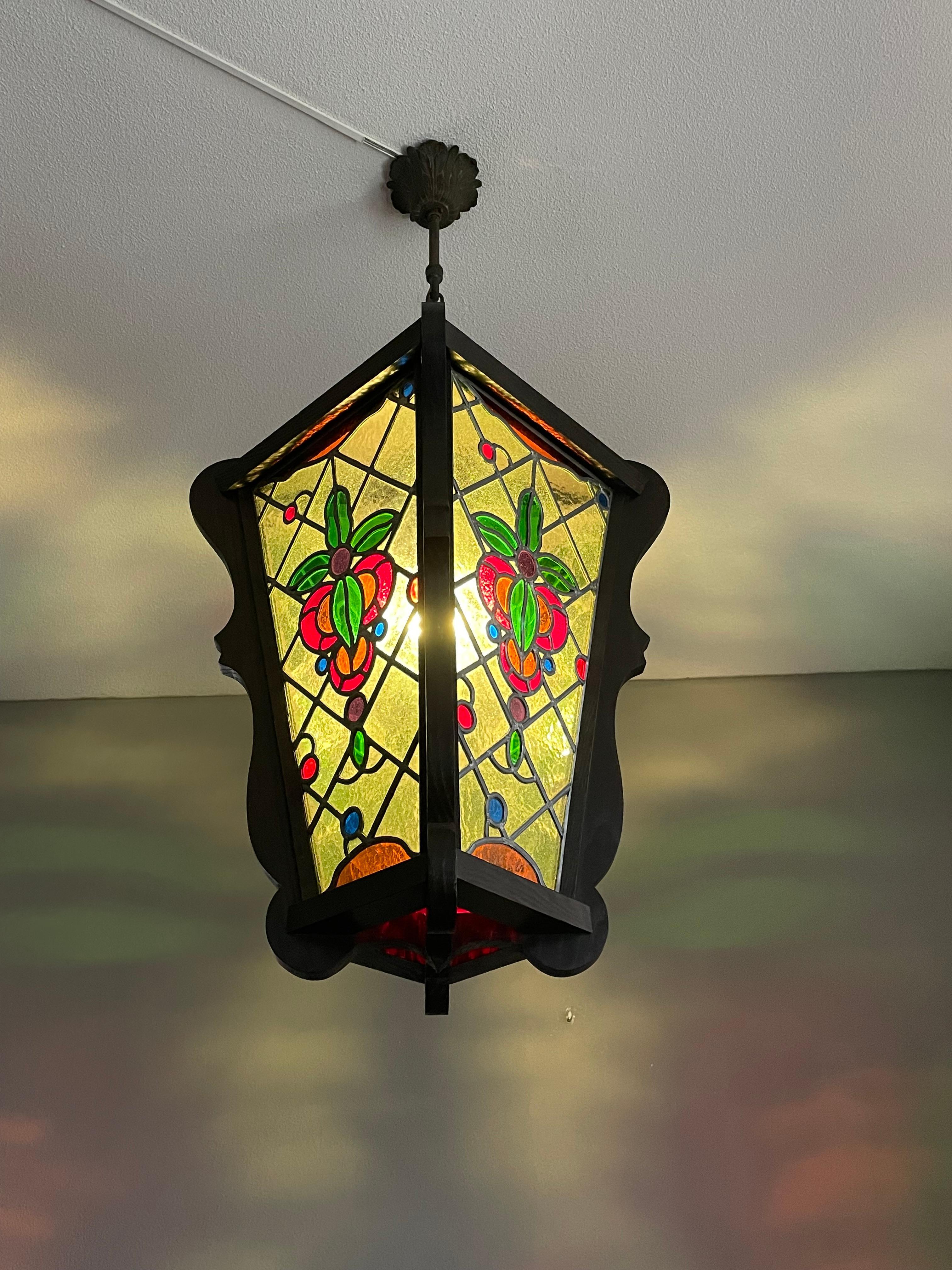 European Antique & Large Stained Glass & Solid Oak Victorian Style Hall Lantern / Pendant For Sale