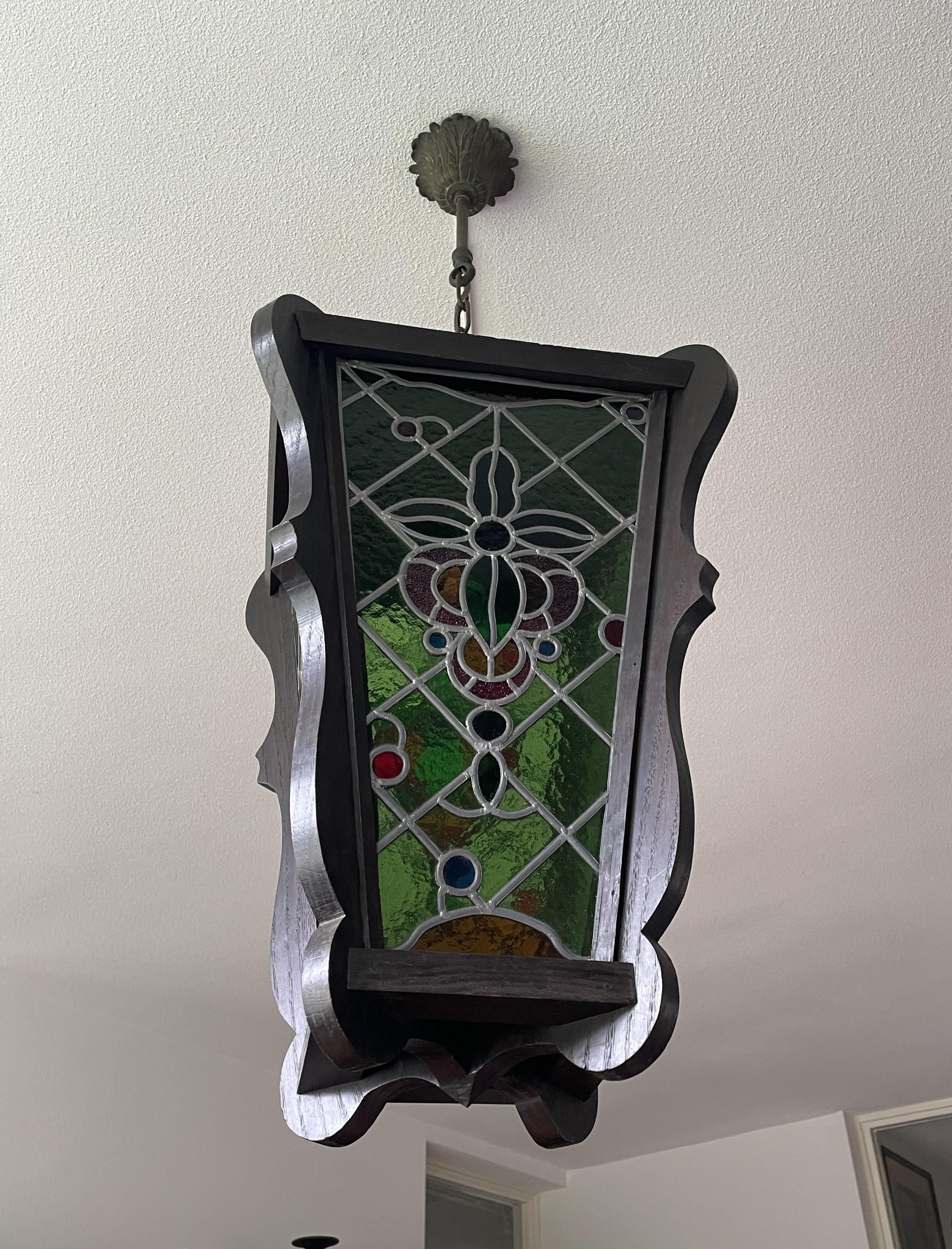 Antique & Large Stained Glass & Solid Oak Victorian Style Hall Lantern / Pendant For Sale 2