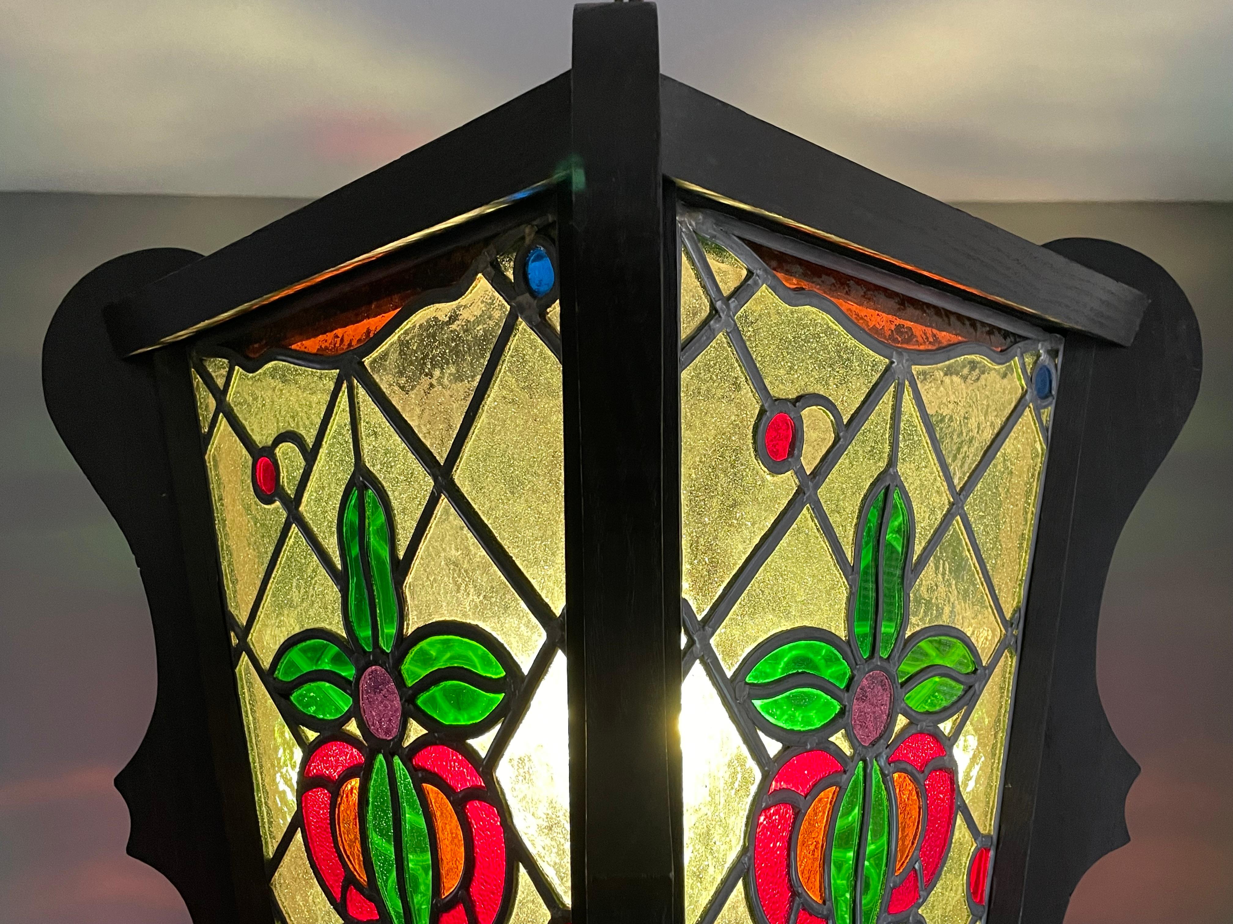 Antique & Large Stained Glass & Solid Oak Victorian Style Hall Lantern / Pendant For Sale 2