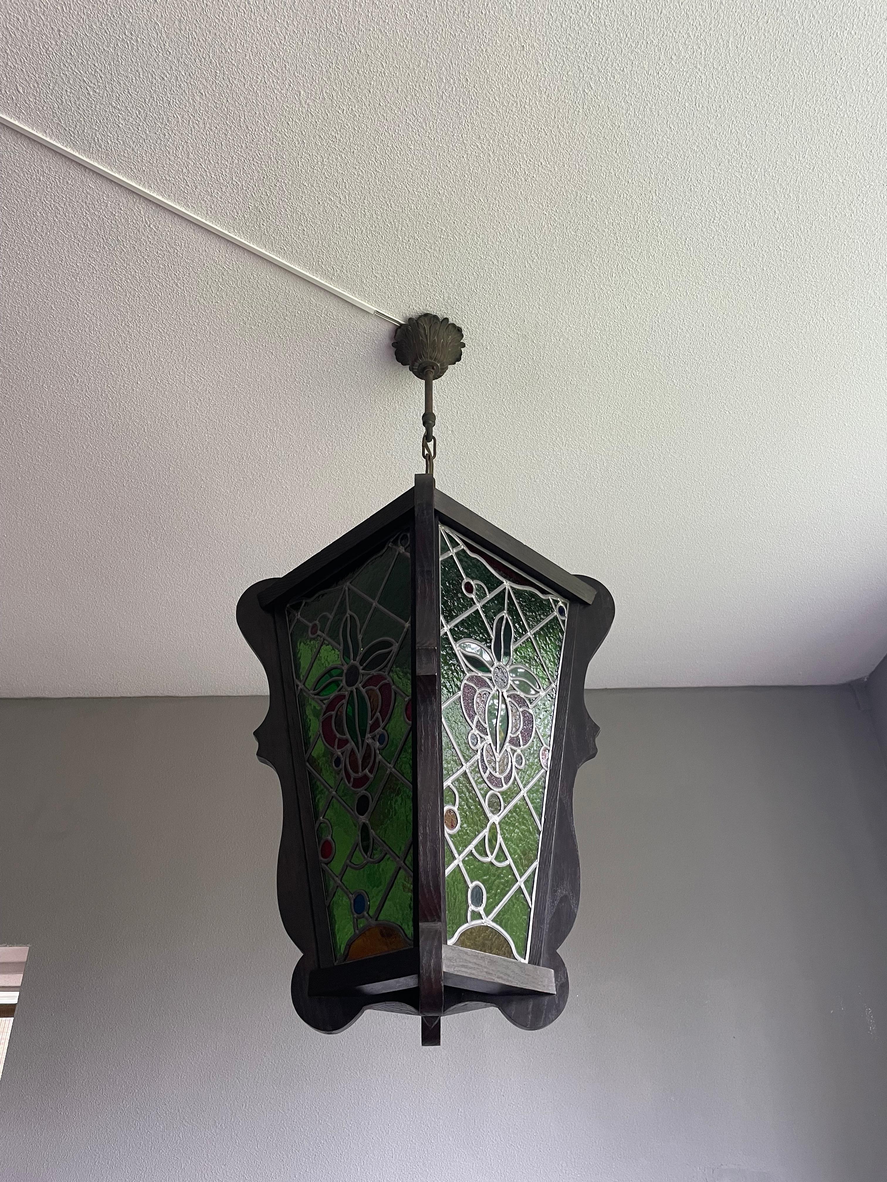 Antique & Large Stained Glass & Solid Oak Victorian Style Hall Lantern / Pendant For Sale 4
