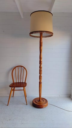 Antique Large Standard Oak turned floor lamp with lampshade, 30s