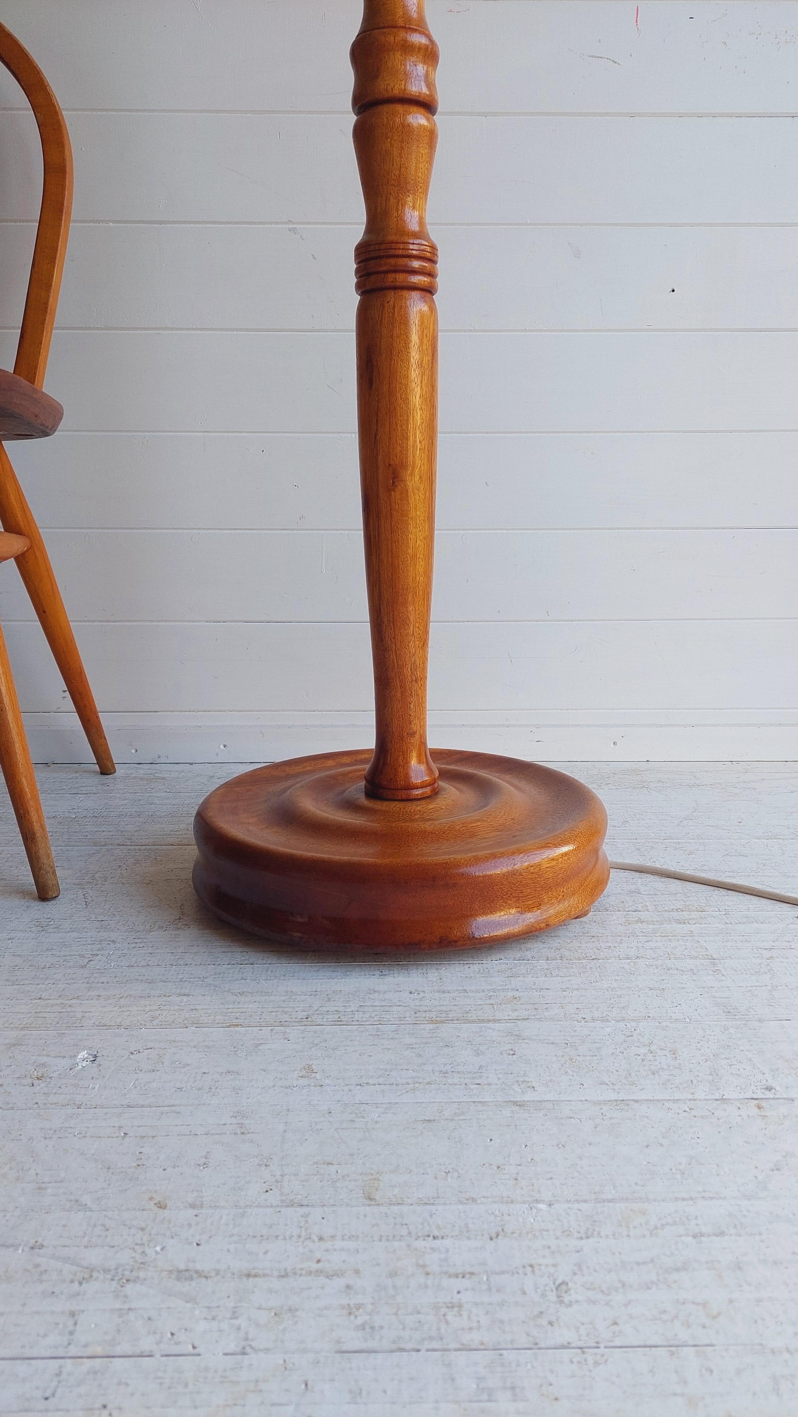 Mid-20th Century Antique Large Standard Oak turned floor lamp with lampshade, 30s For Sale