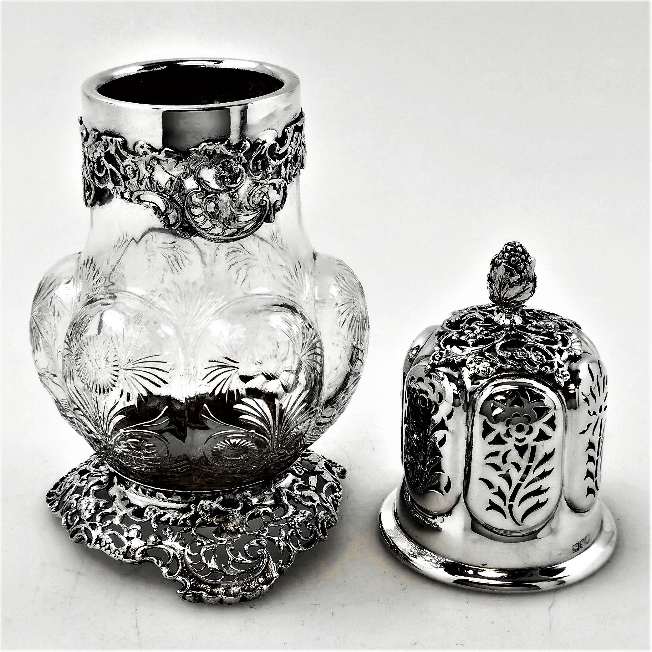 English Antique Large Sterling Silver & Cut Glass Caster / Shaker 1901 For Sale