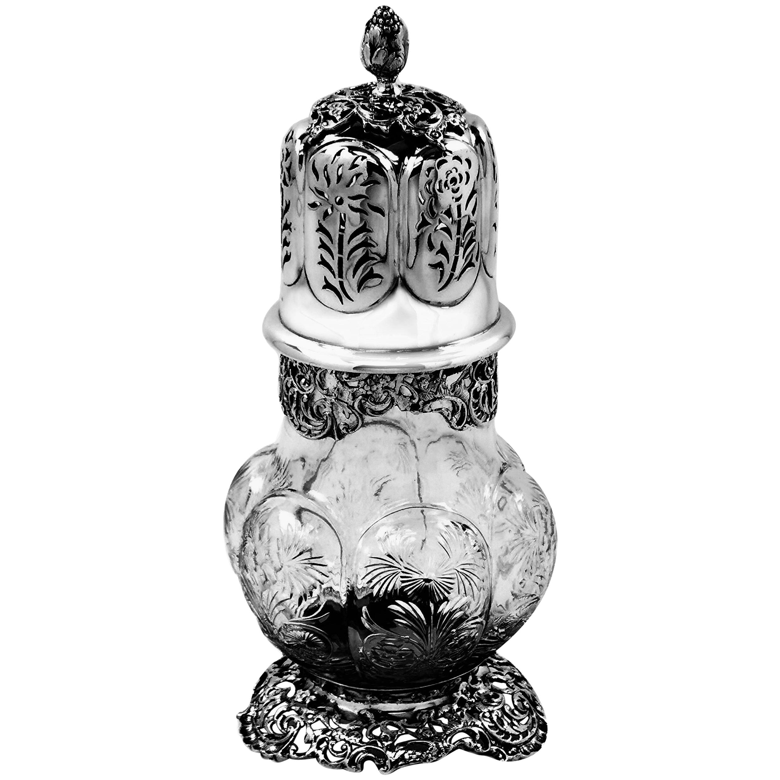 Antique Large Sterling Silver & Cut Glass Caster / Shaker 1901 For Sale