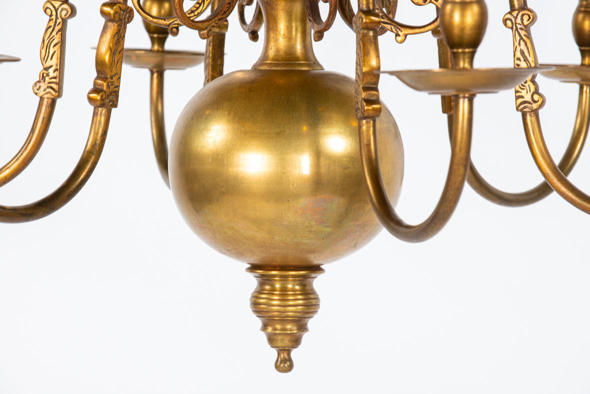 Antique large Tall 2-Tier Patinated Brass Dutch  12 Light Chandelier For Sale 4
