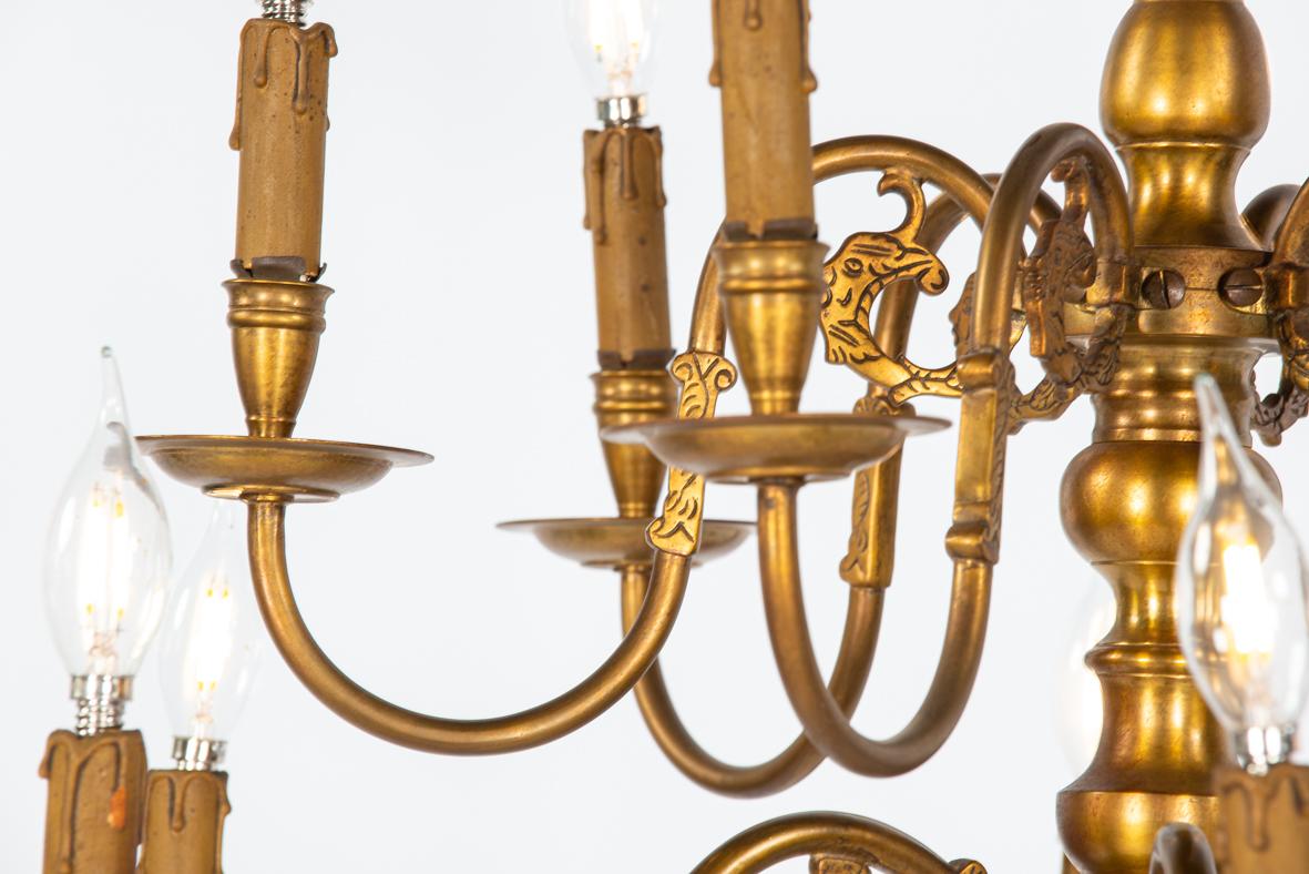 Antique large Tall 2-Tier Patinated Brass Dutch  12 Light Chandelier For Sale 5