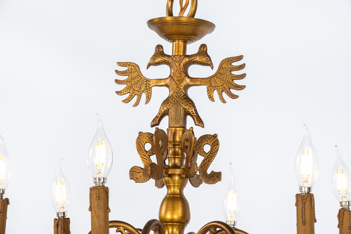 Cast Antique large Tall 2-Tier Patinated Brass Dutch  12 Light Chandelier For Sale