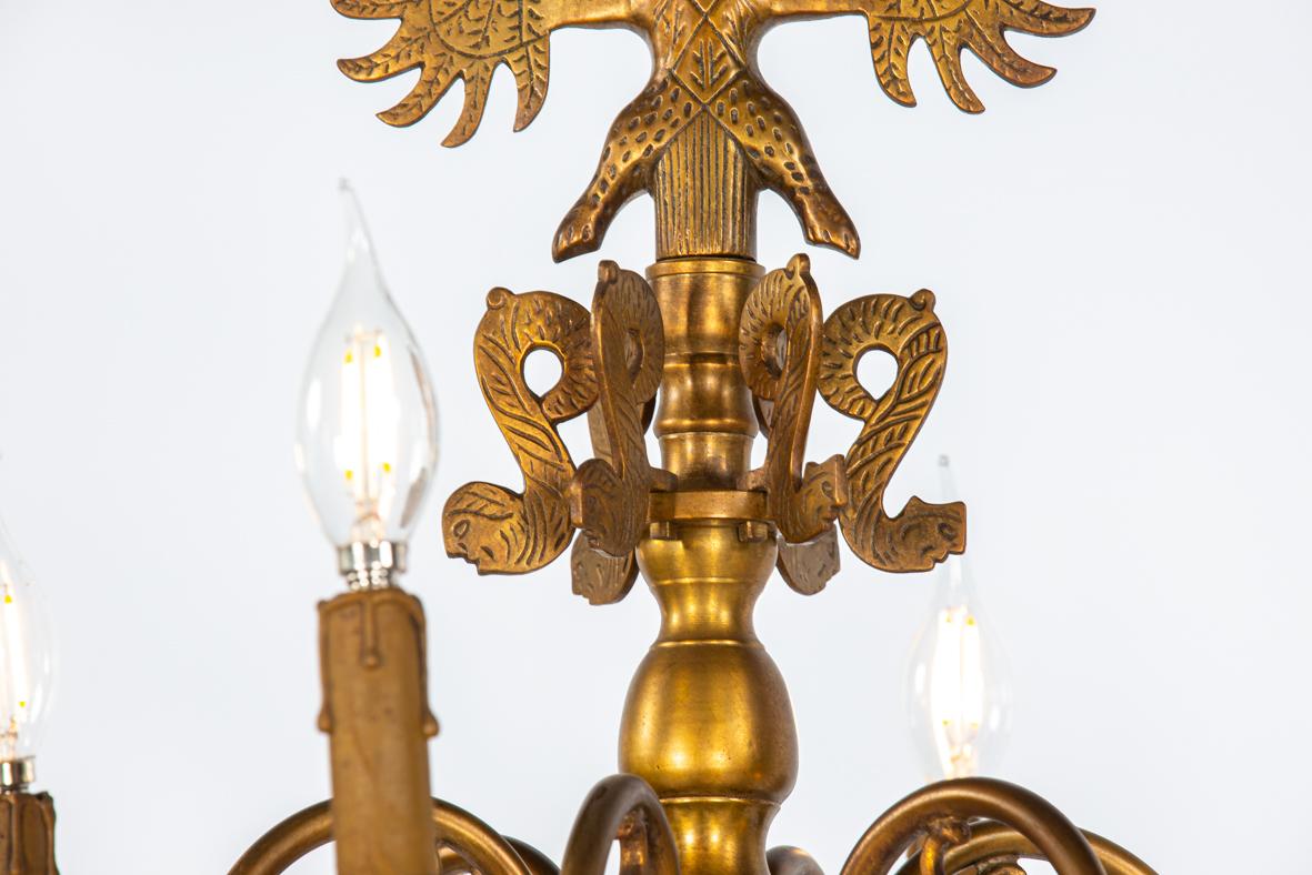 Antique large Tall 2-Tier Patinated Brass Dutch  12 Light Chandelier For Sale 1
