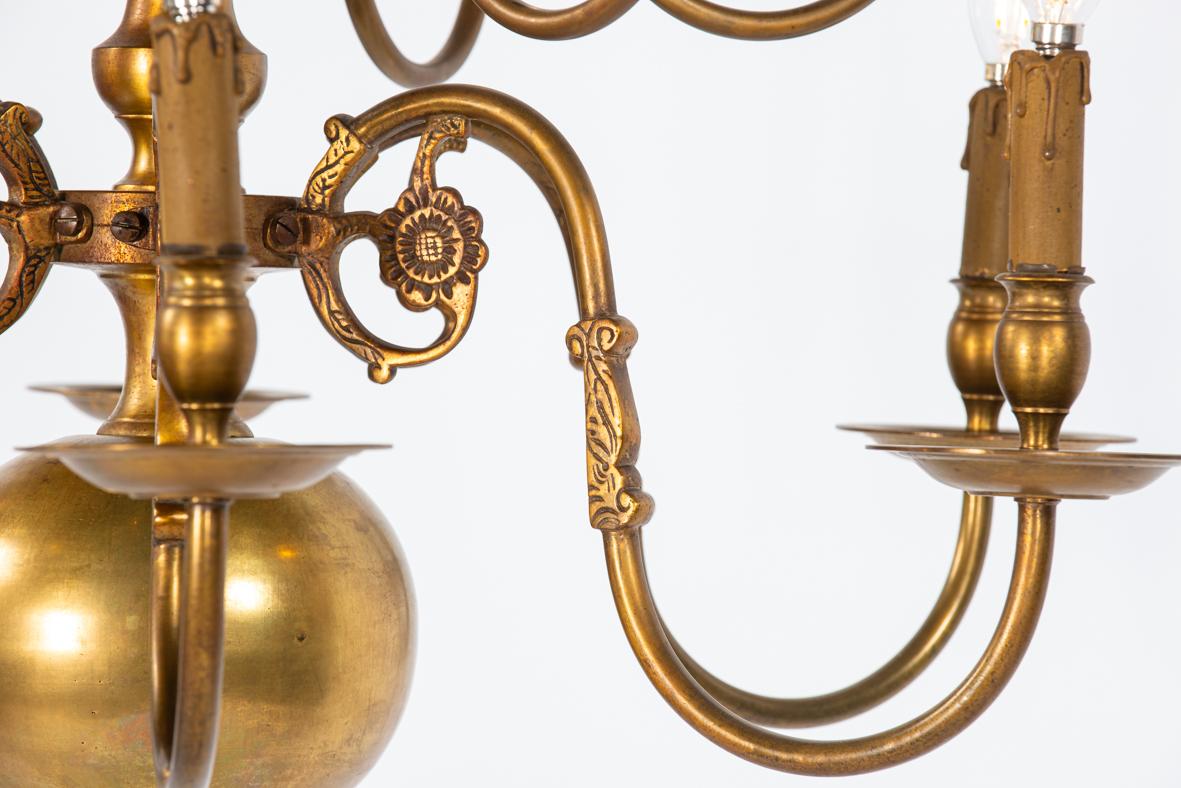 Antique large Tall 2-Tier Patinated Brass Dutch  12 Light Chandelier For Sale 3