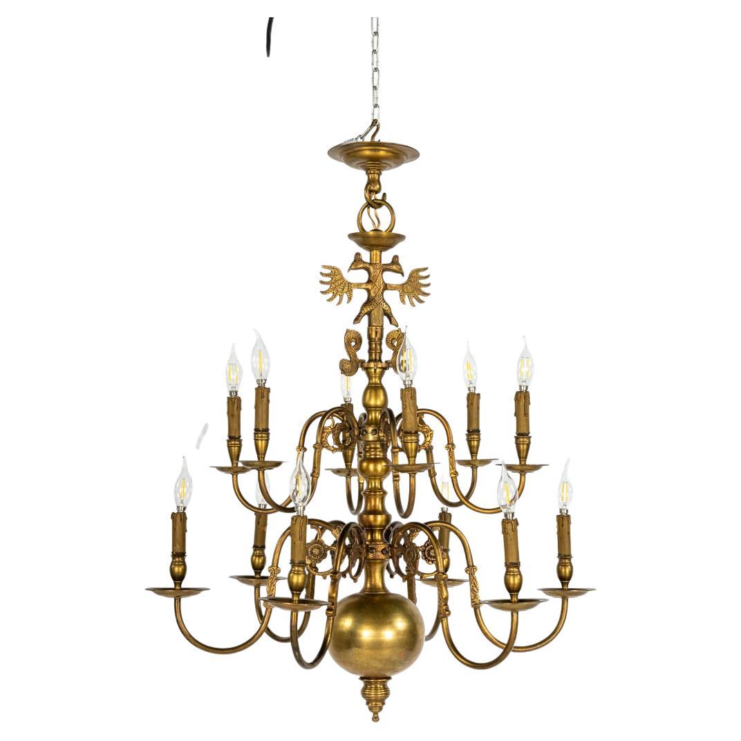 Antique large Tall 2-Tier Patinated Brass Dutch  12 Light Chandelier For Sale