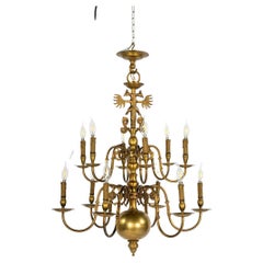 Antique large Tall 2-Tier Patinated Brass Dutch  12 Light Chandelier