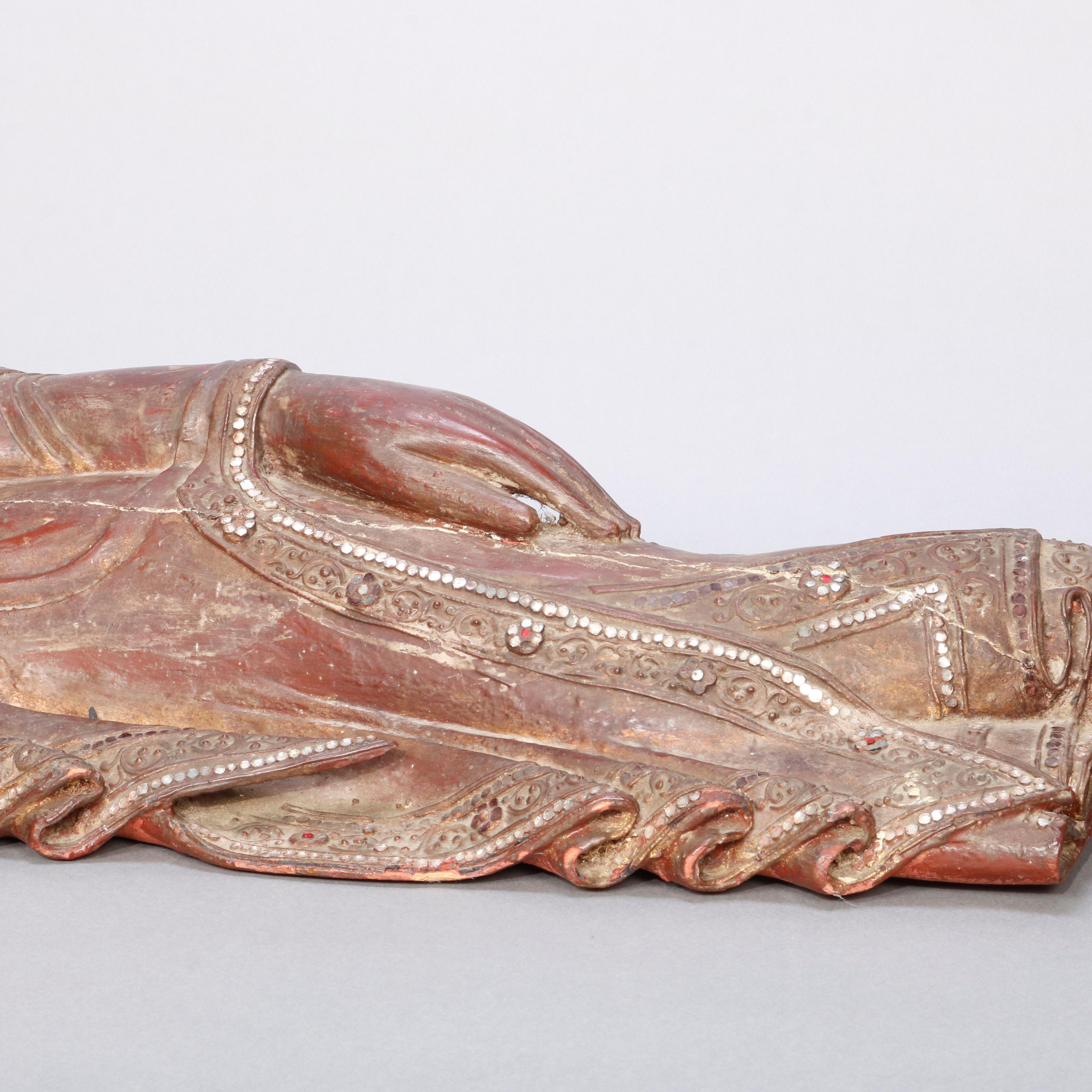 19th Century Antique & Large Tibetan Carved Vermilion Recumbent Buddha Manjushri, circa 1860