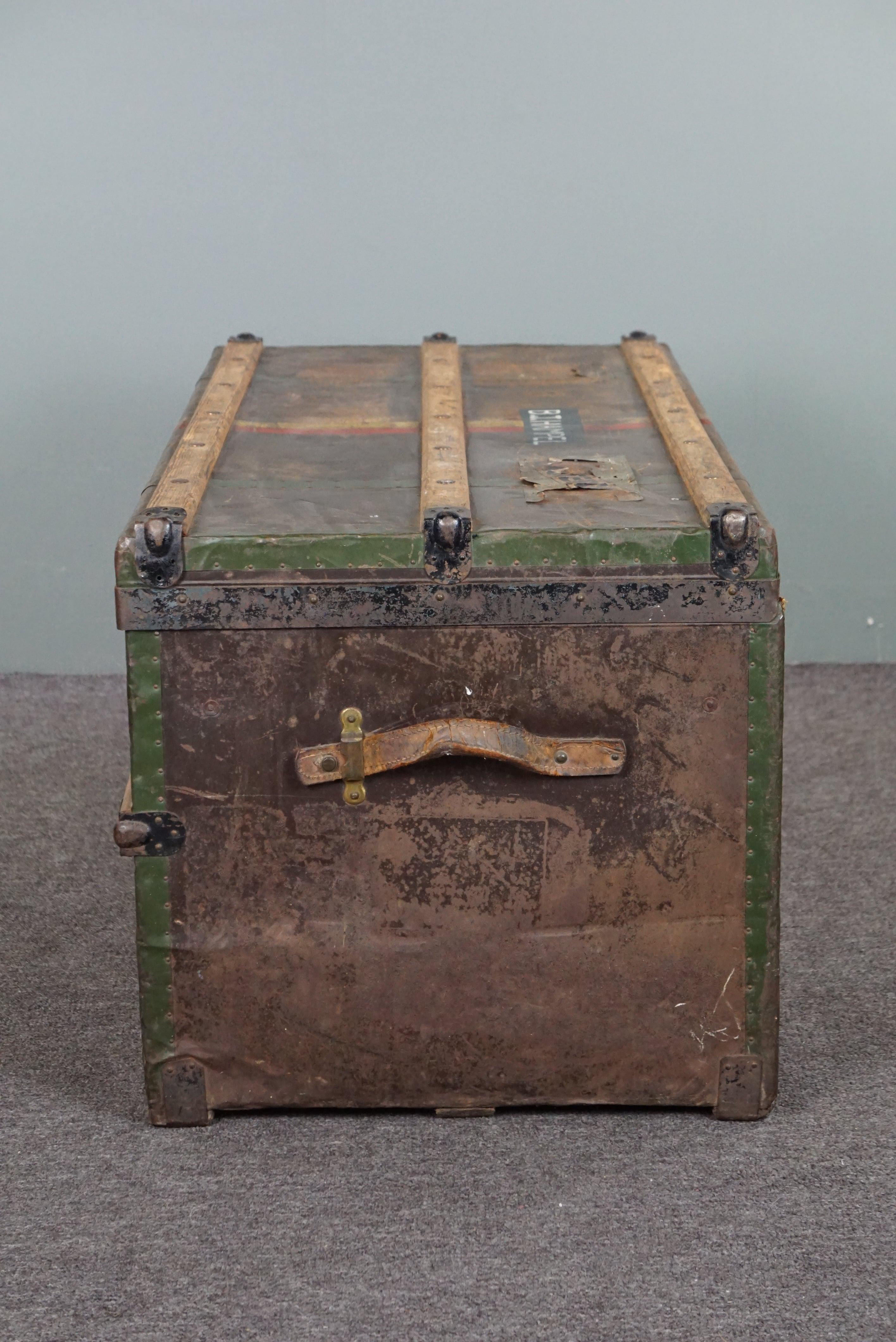 20th Century Antique large travel suitcase with fantastic colors and original labels. For Sale