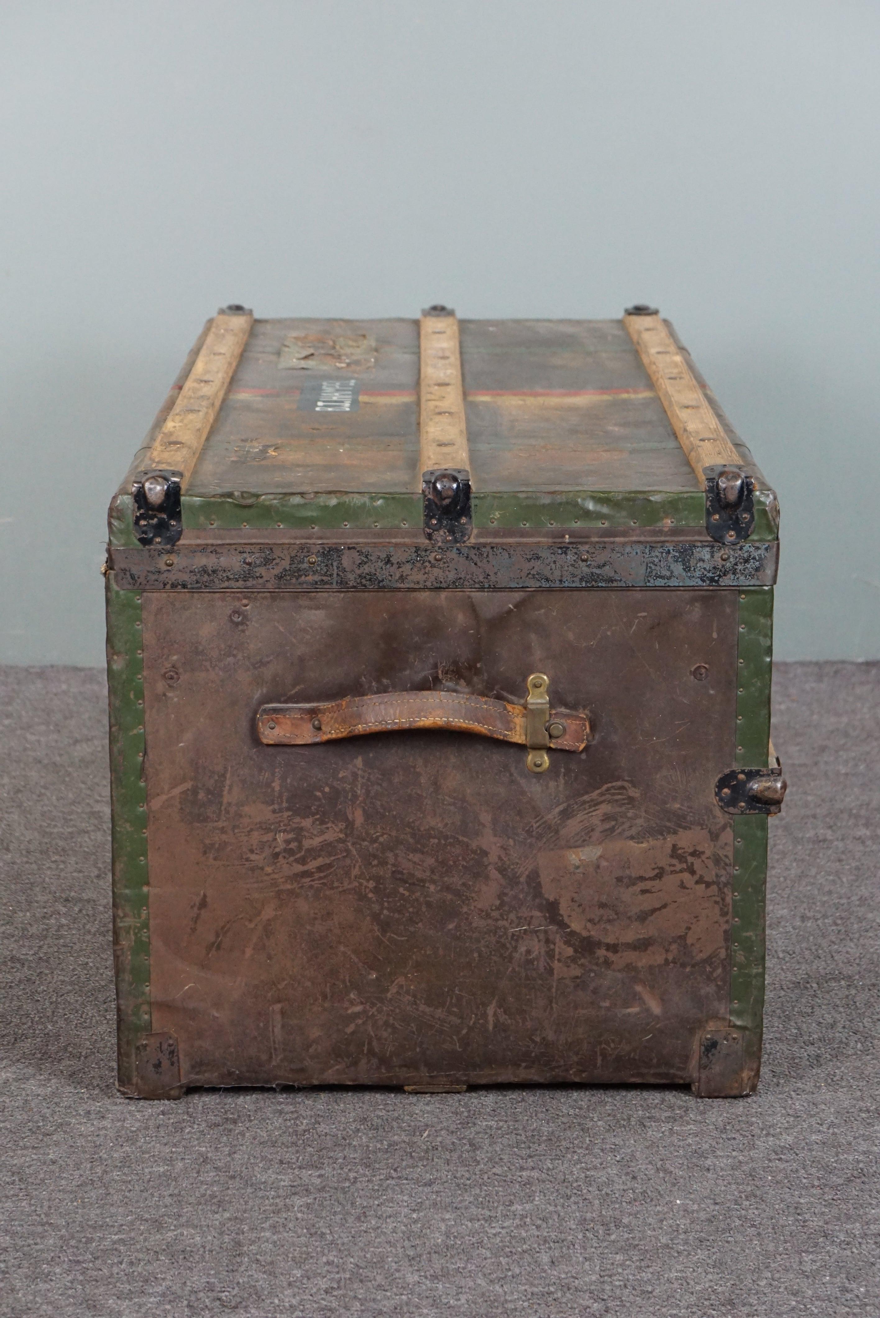 Ancienne grande valise de voyage aux couleurs fantastiques et aux étiquettes originales en vente 1
