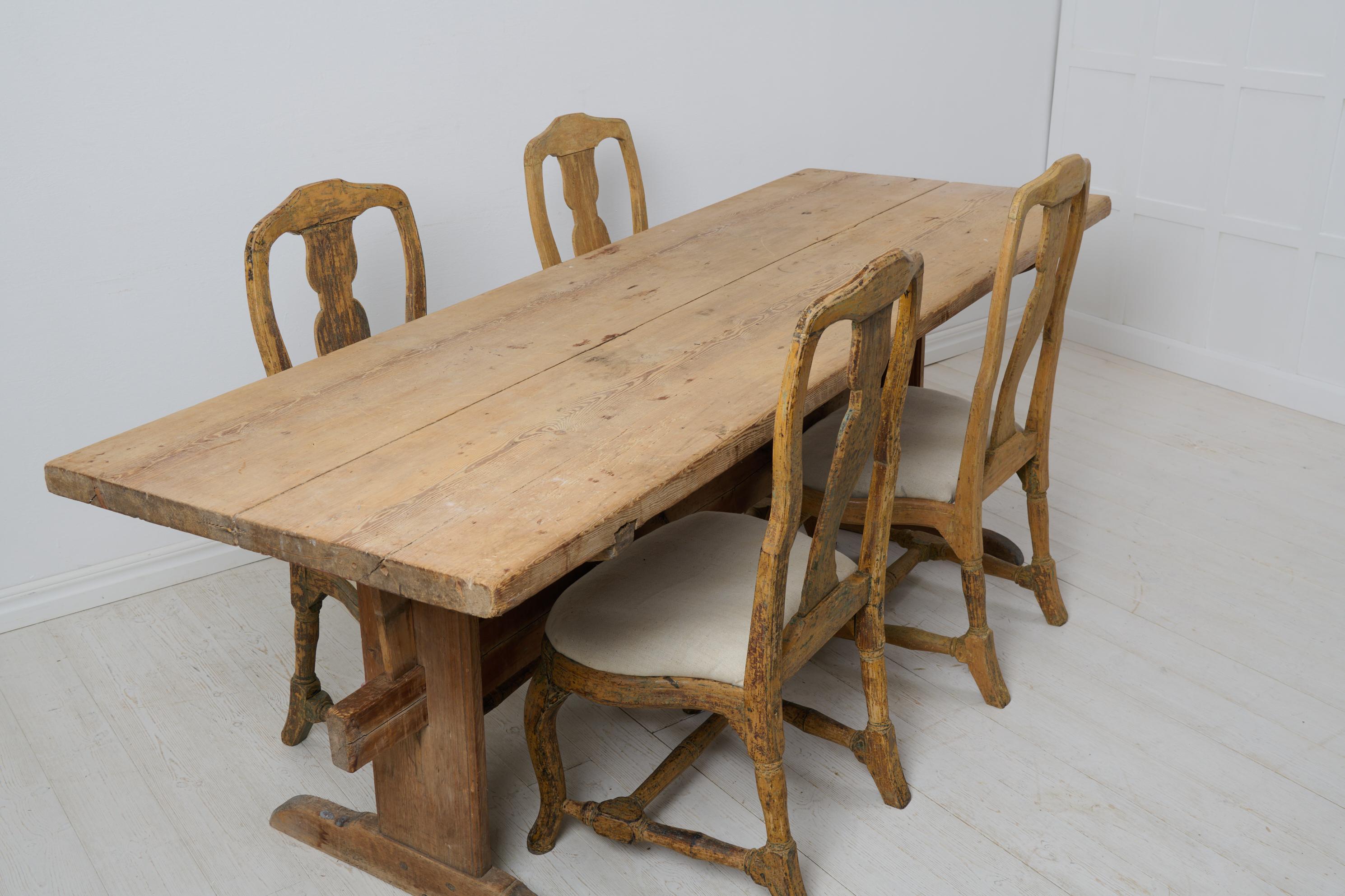 Hand-Crafted Antique Large Trestle Dining Table, Swedish Solid Pine with Genuine Patina  For Sale